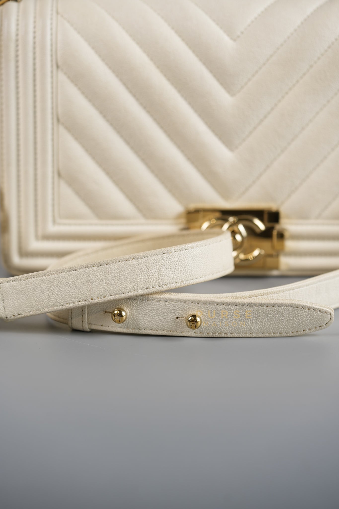 Boy Old Medium in White Chevron Calfskin & Champagne Gold Hardware (Series 29) | Purse Maison Luxury Bags Shop