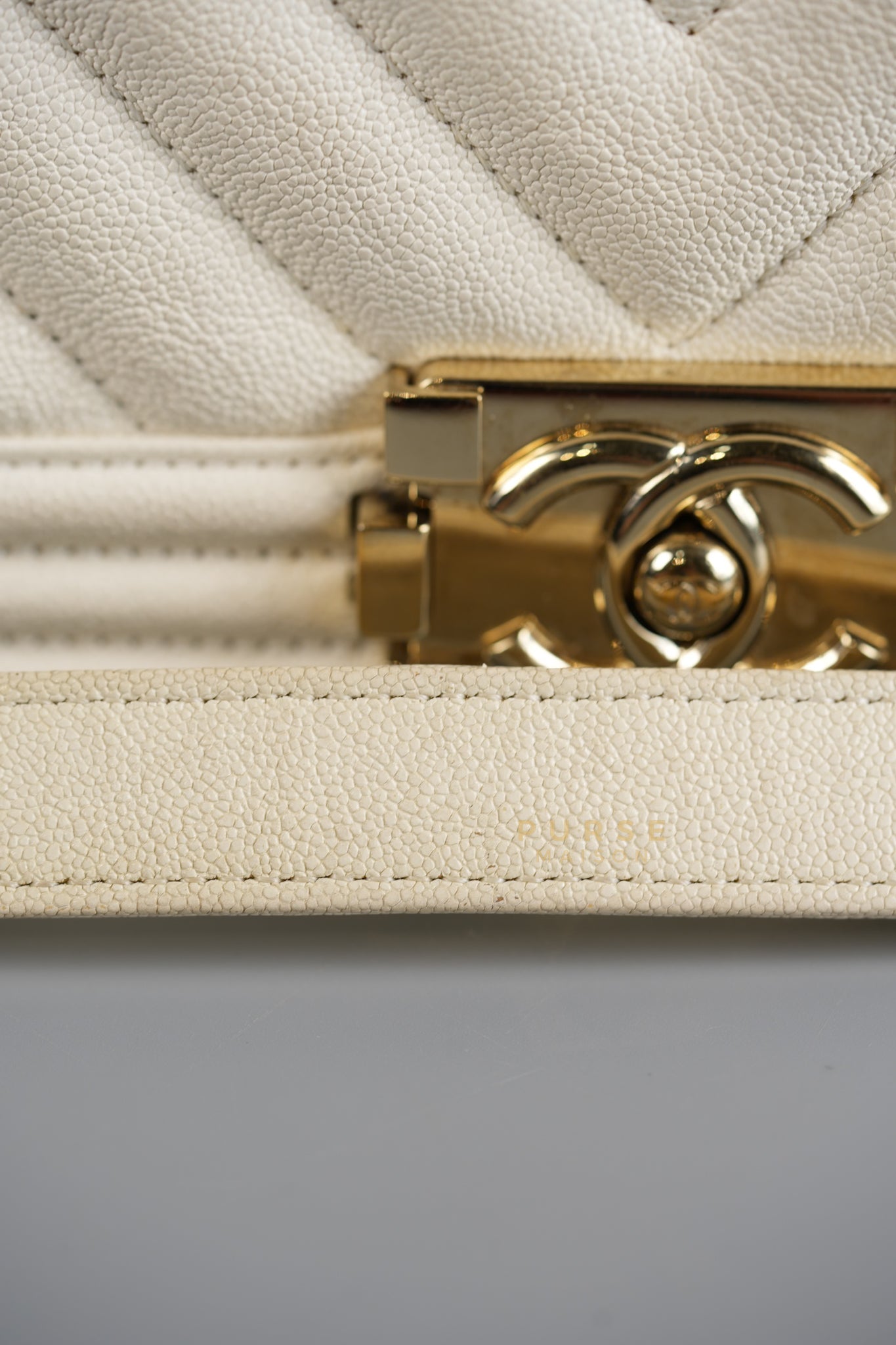 Boy Old Medium in White Chevron Calfskin & Champagne Gold Hardware (Series 29) | Purse Maison Luxury Bags Shop