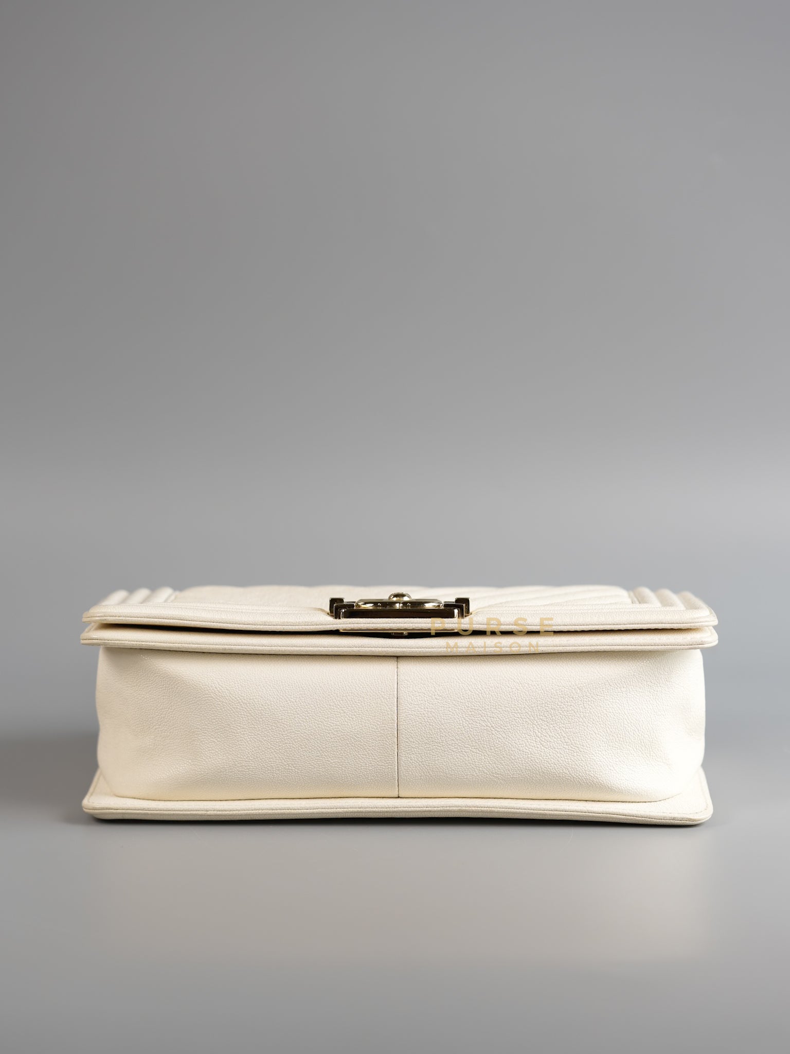 Boy Old Medium in White Chevron Calfskin & Champagne Gold Hardware (Series 29) | Purse Maison Luxury Bags Shop