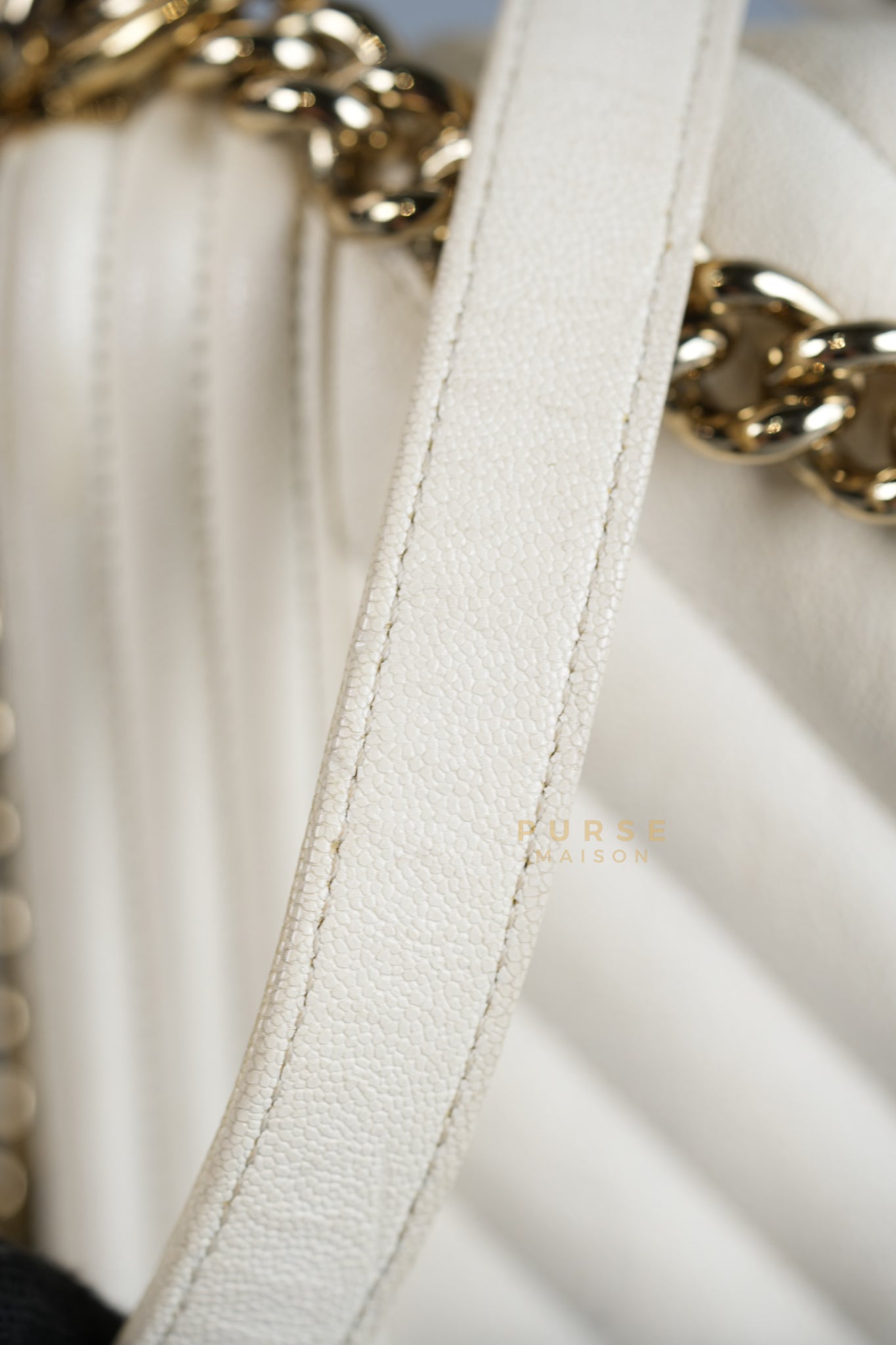 Boy Old Medium in White Chevron Calfskin & Champagne Gold Hardware (Series 29) | Purse Maison Luxury Bags Shop