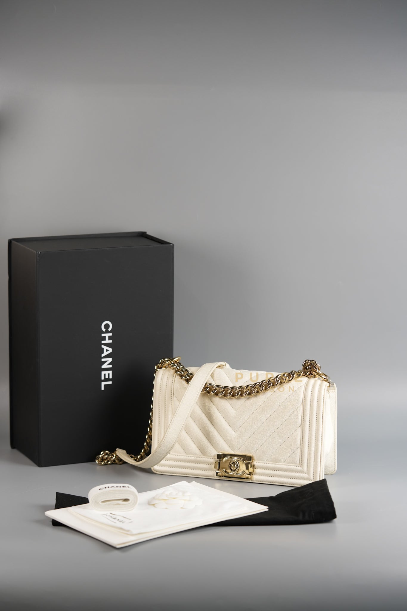 Boy Old Medium in White Chevron Calfskin & Champagne Gold Hardware (Series 29) | Purse Maison Luxury Bags Shop