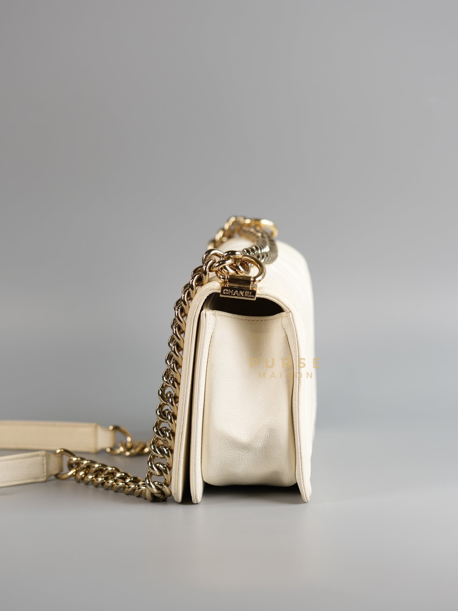 Boy Old Medium in White Chevron Calfskin & Champagne Gold Hardware (Series 29) | Purse Maison Luxury Bags Shop