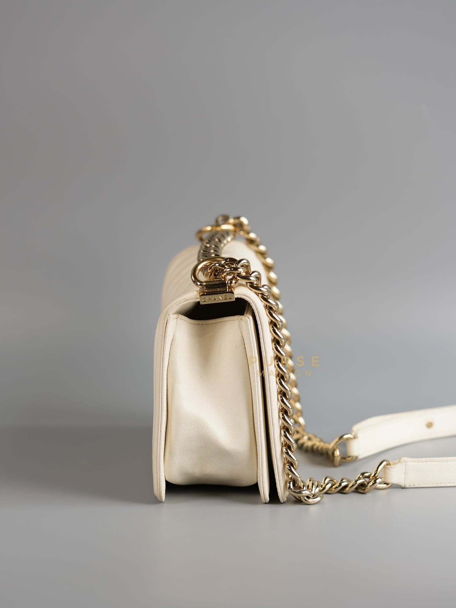 Boy Old Medium in White Chevron Calfskin & Champagne Gold Hardware (Series 29) | Purse Maison Luxury Bags Shop