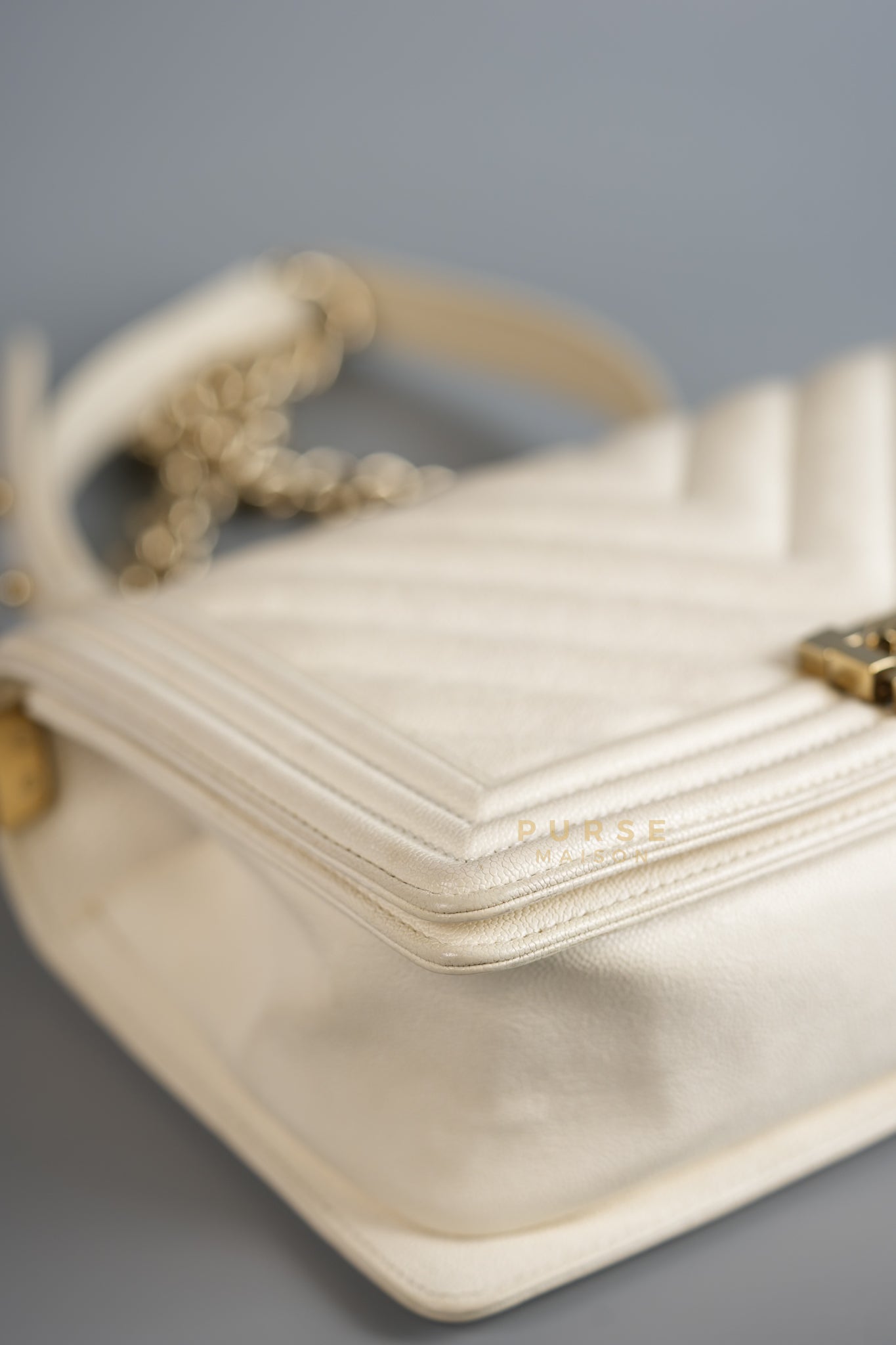 Boy Old Medium in White Chevron Calfskin & Champagne Gold Hardware (Series 29) | Purse Maison Luxury Bags Shop