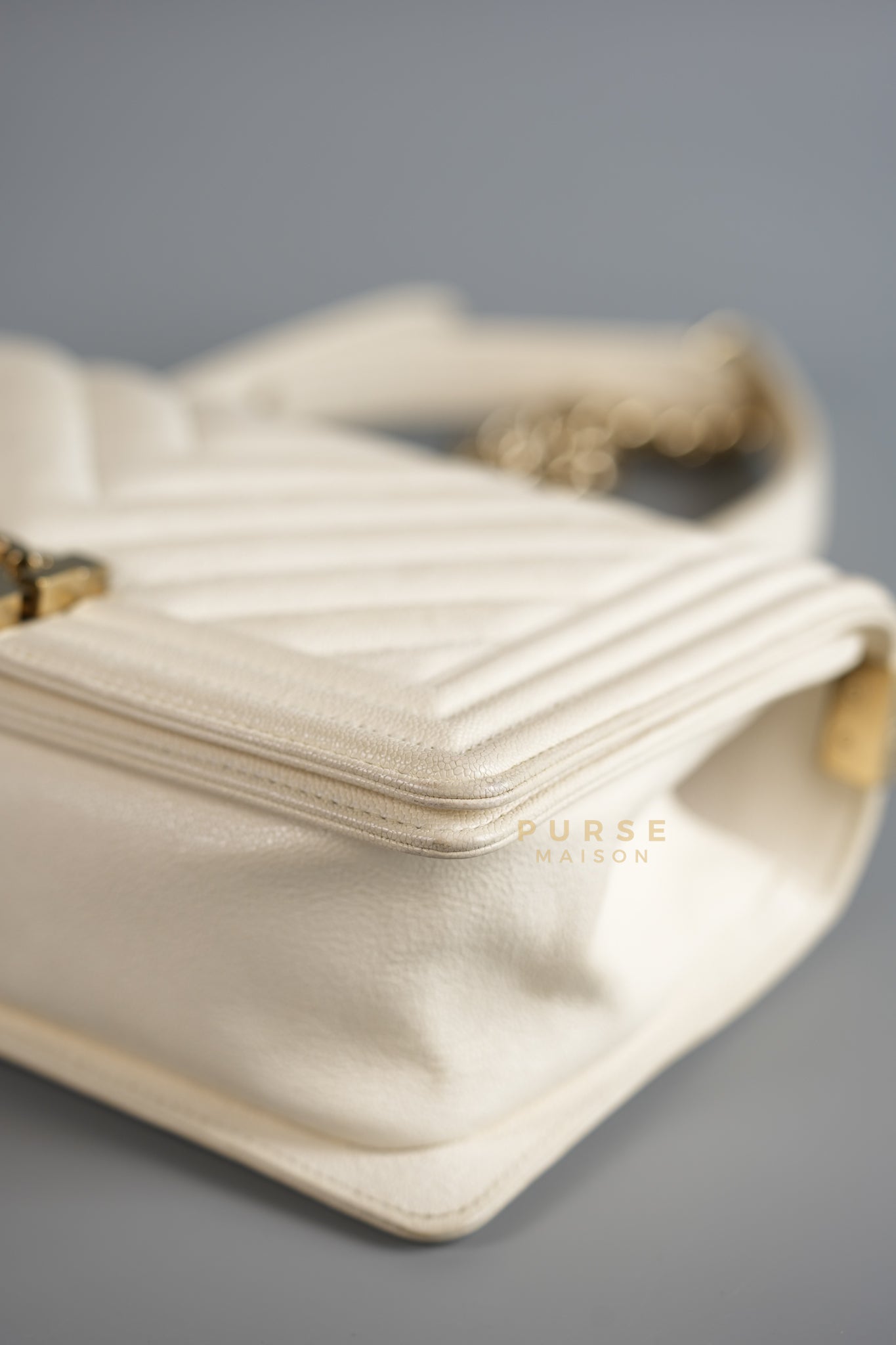 Boy Old Medium in White Chevron Calfskin & Champagne Gold Hardware (Series 29) | Purse Maison Luxury Bags Shop