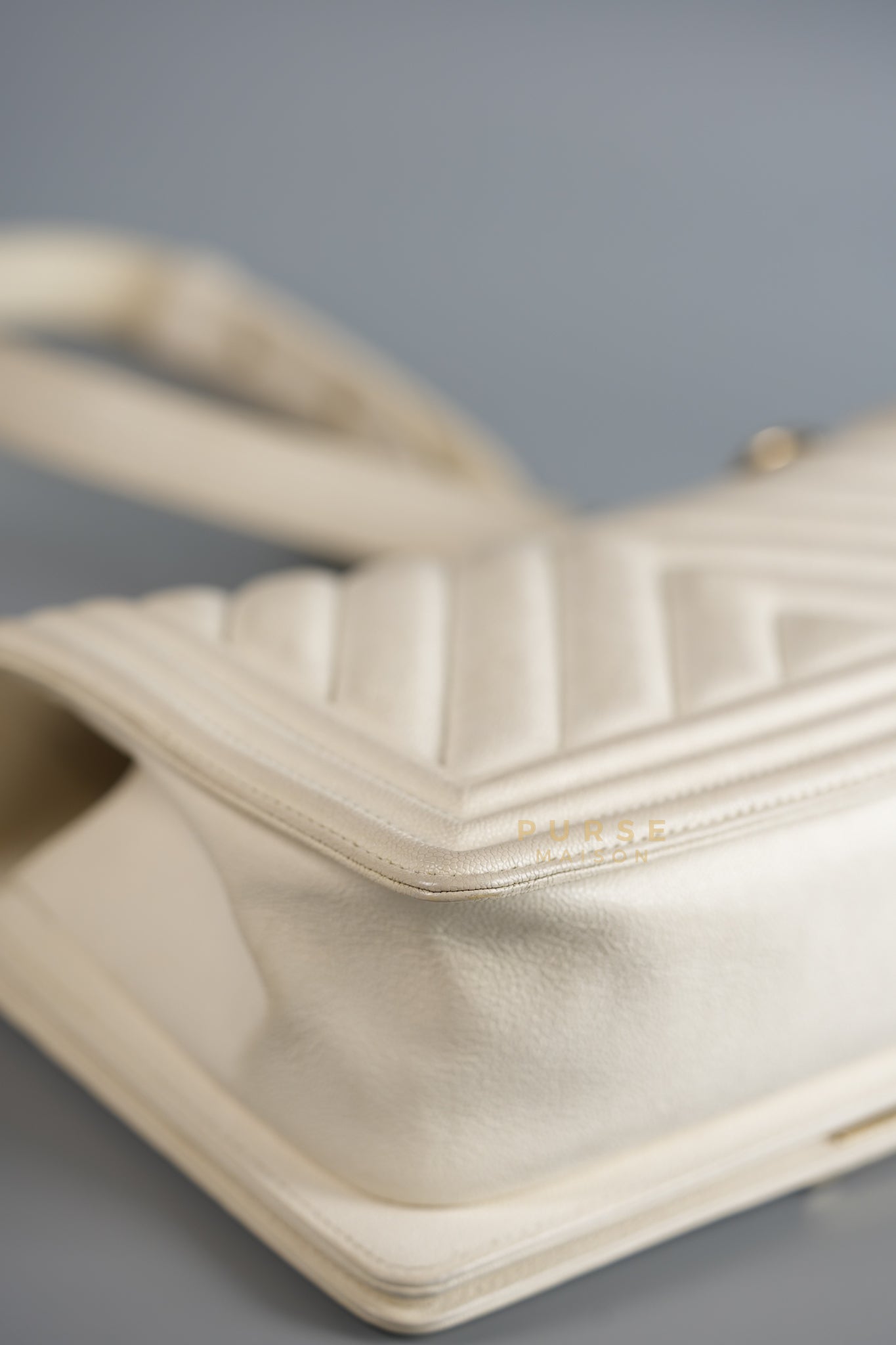 Boy Old Medium in White Chevron Calfskin & Champagne Gold Hardware (Series 29) | Purse Maison Luxury Bags Shop