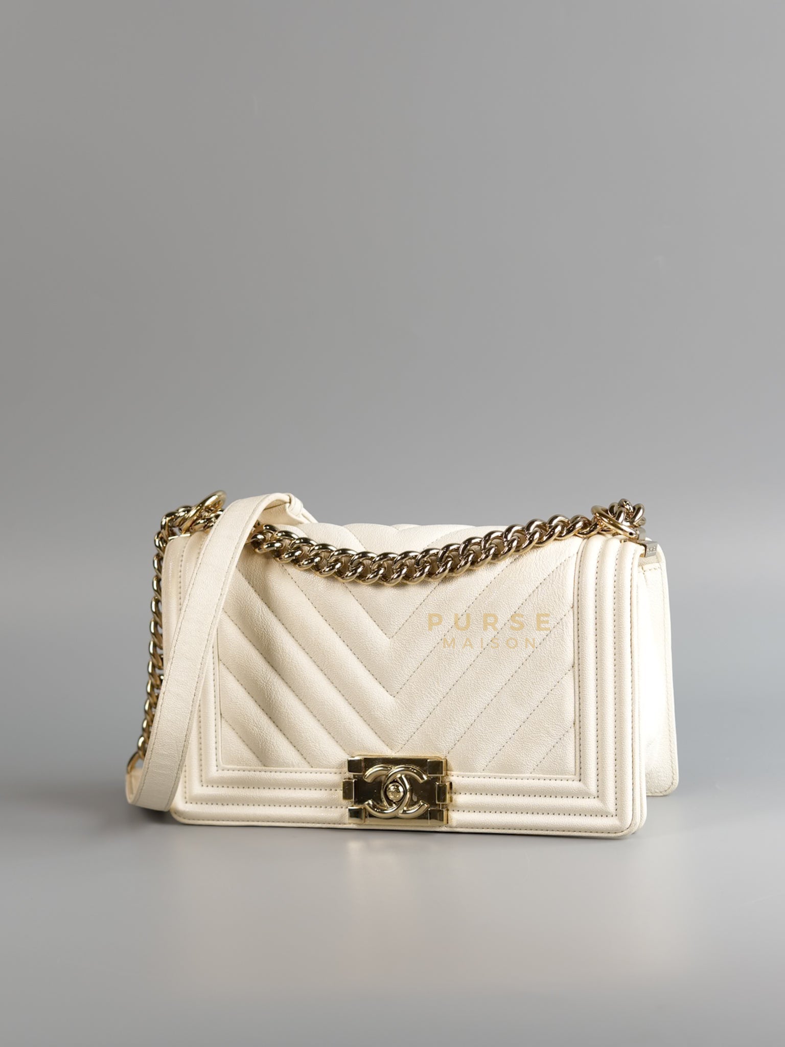 Boy Old Medium in White Chevron Calfskin & Champagne Gold Hardware (Series 29) | Purse Maison Luxury Bags Shop