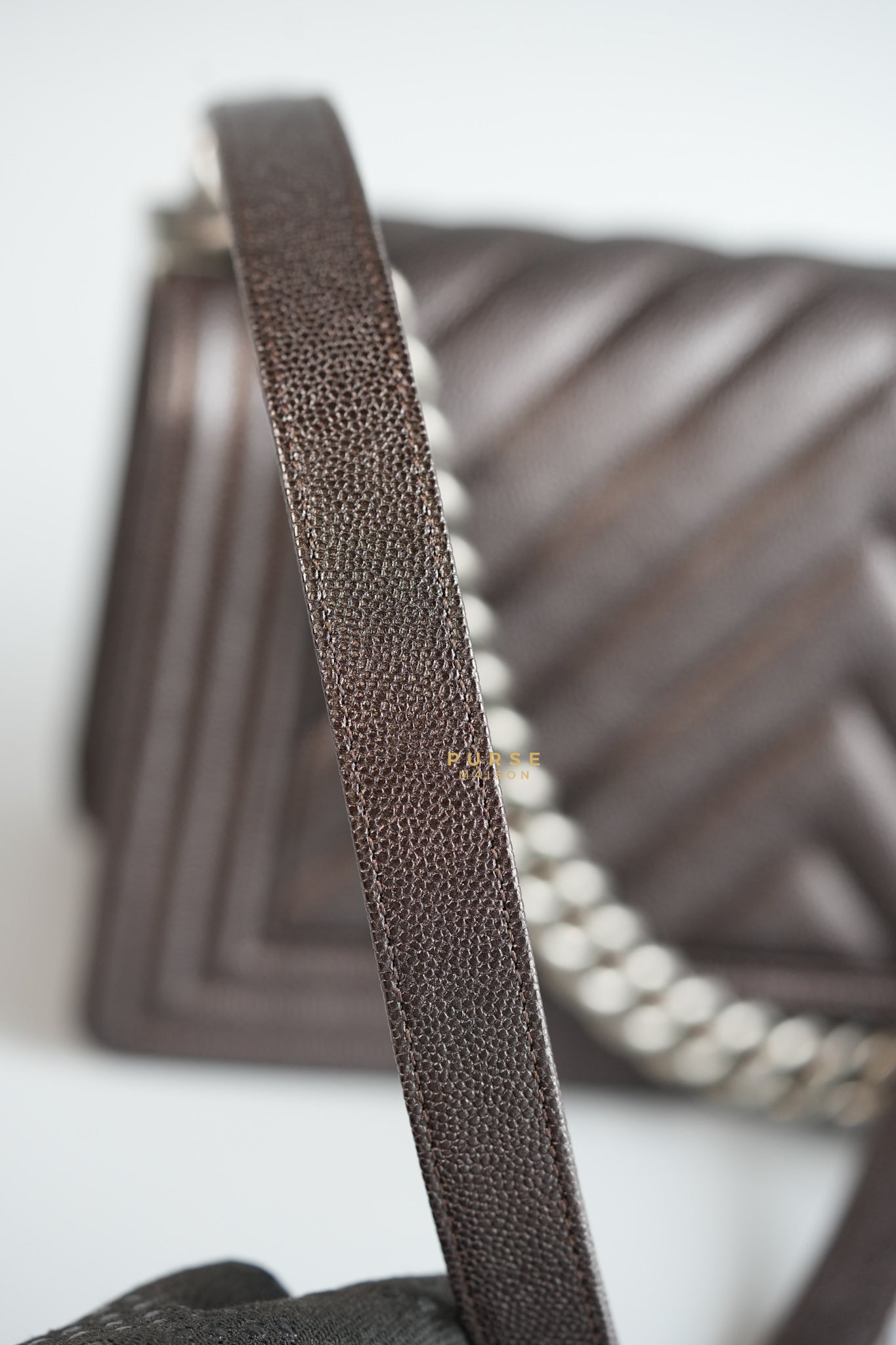 Boy Old Medium Iridescent Dark Brown Chevron in Ruthenium Hardware Series 26 | Purse Maison Luxury Bags Shop