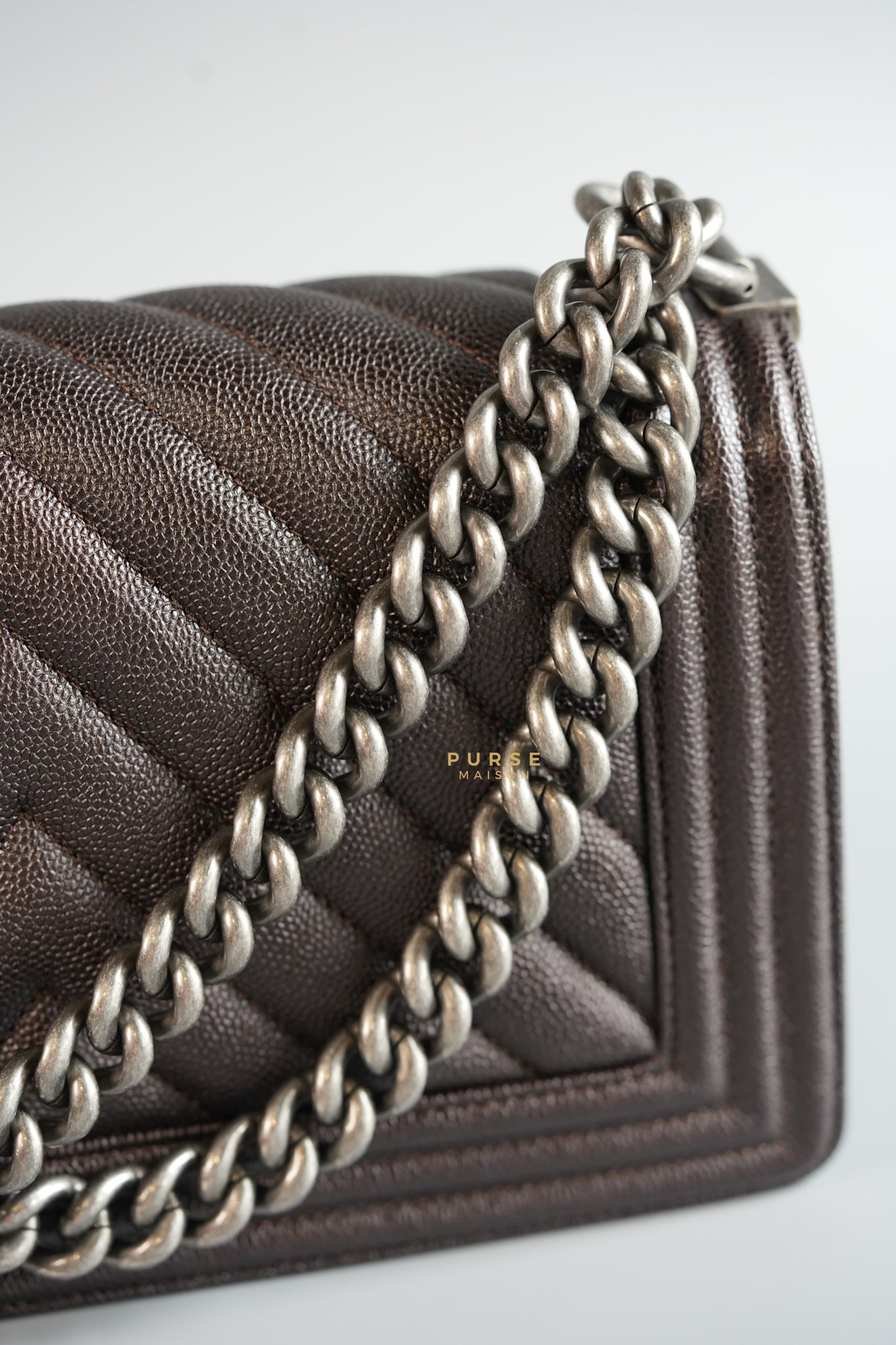 Boy Old Medium Iridescent Dark Brown Chevron in Ruthenium Hardware Series 26 | Purse Maison Luxury Bags Shop