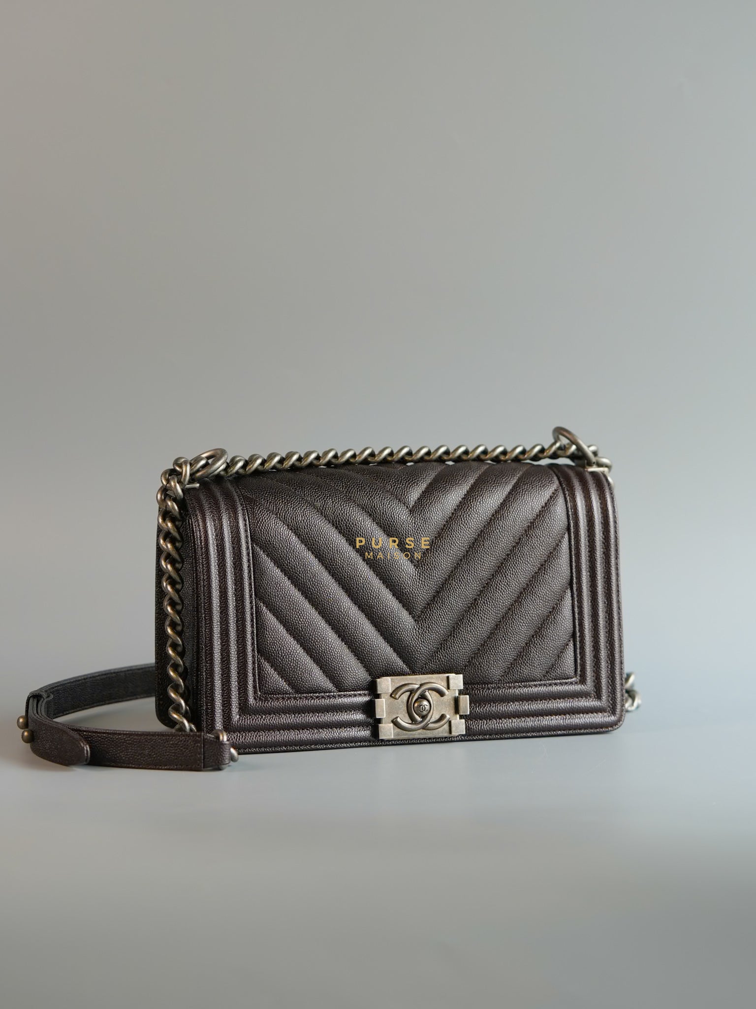 Boy Old Medium Iridescent Dark Brown Chevron in Ruthenium Hardware Series 26 | Purse Maison Luxury Bags Shop