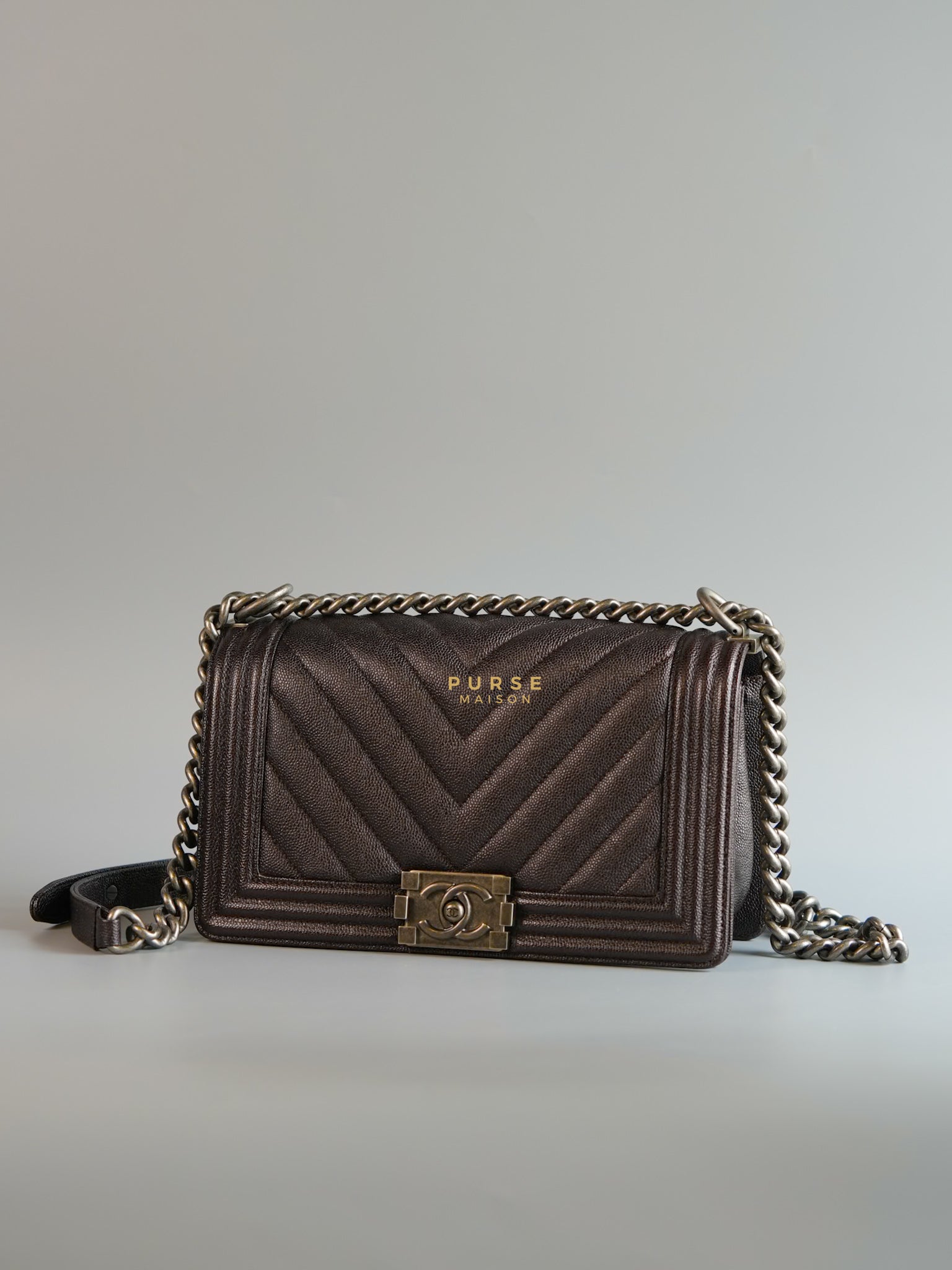 Boy Old Medium Iridescent Dark Brown Chevron in Ruthenium Hardware Series 26 | Purse Maison Luxury Bags Shop