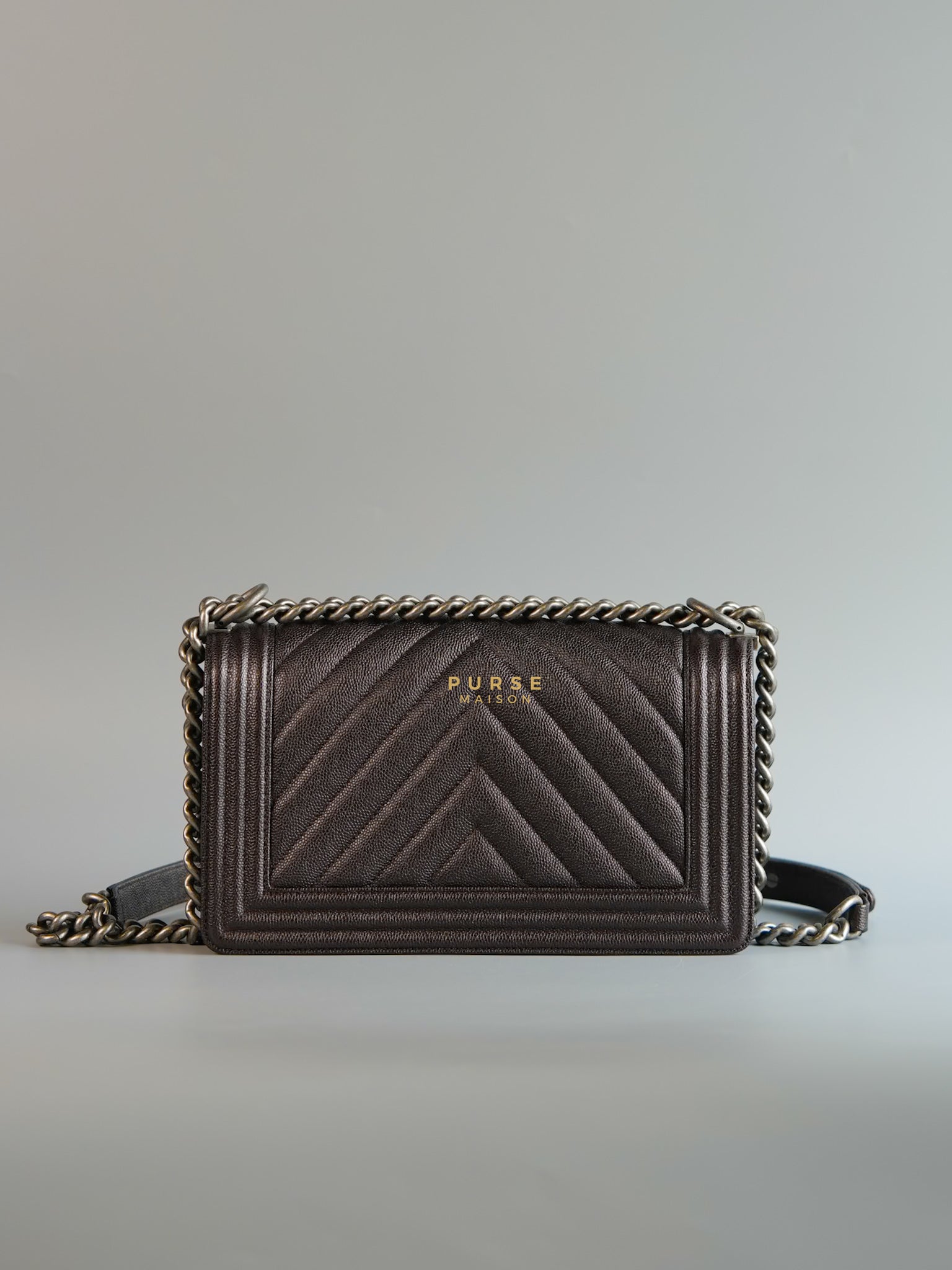 Boy Old Medium Iridescent Dark Brown Chevron in Ruthenium Hardware Series 26 | Purse Maison Luxury Bags Shop