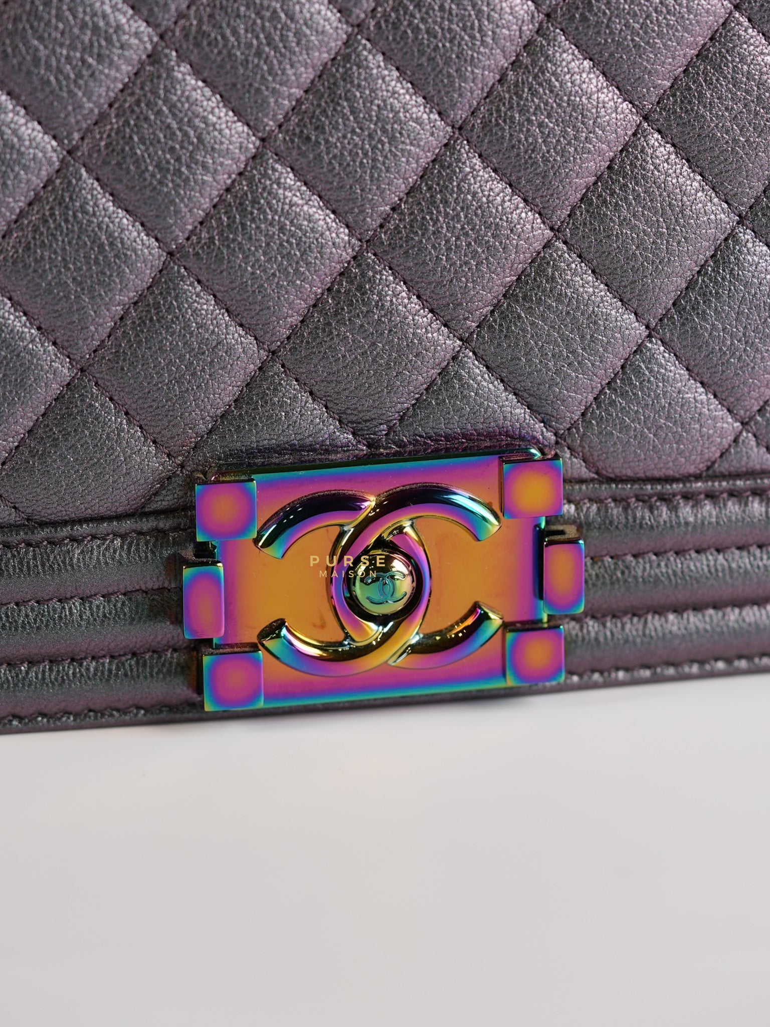 Boy Old Medium Iridescent Purple Mermaid Quilted Goatskin with Rainbow Hardware Series 21 | Purse Maison Luxury Bags Shop