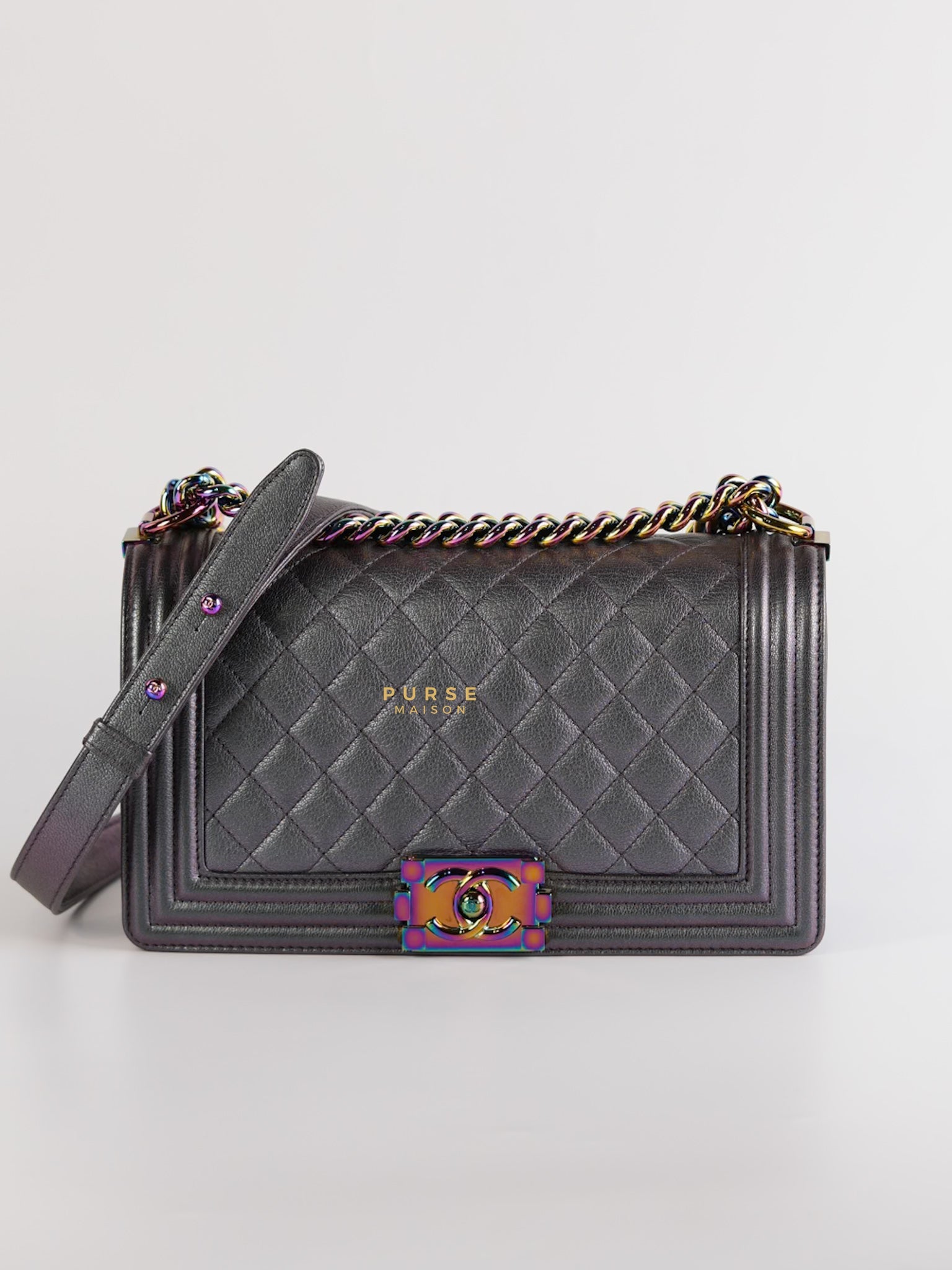 Boy Old Medium Iridescent Purple Mermaid Quilted Goatskin with Rainbow Hardware Series 21 | Purse Maison Luxury Bags Shop