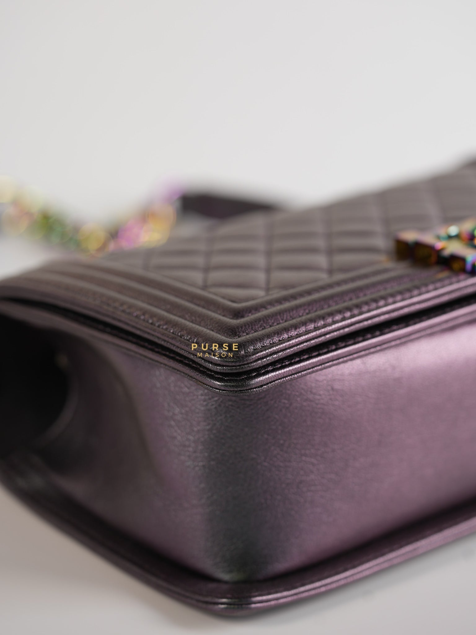 Boy Old Medium Iridescent Purple Mermaid Quilted Goatskin with Rainbow Hardware Series 21 | Purse Maison Luxury Bags Shop