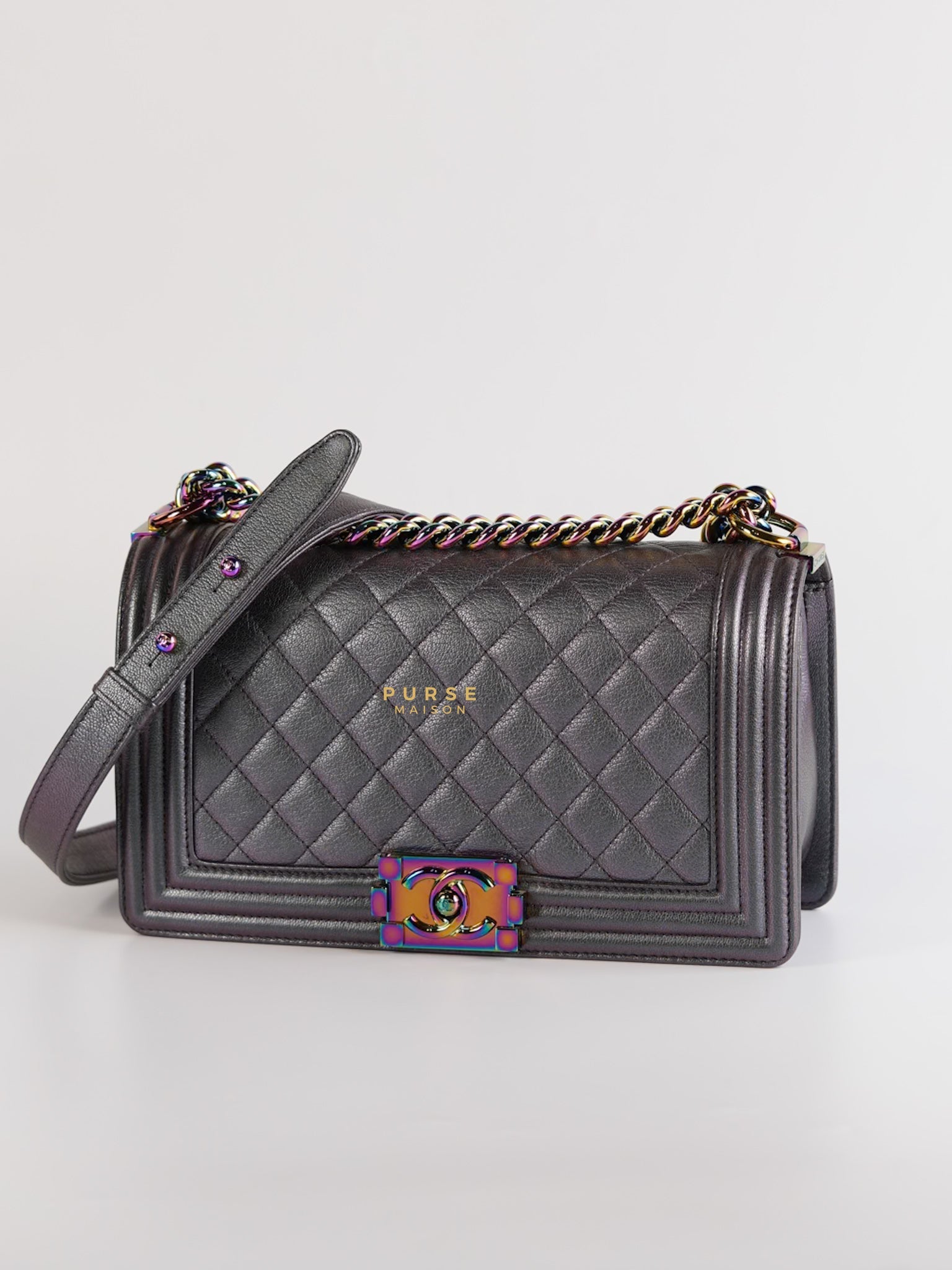 Boy Old Medium Iridescent Purple Mermaid Quilted Goatskin with Rainbow Hardware Series 21 | Purse Maison Luxury Bags Shop