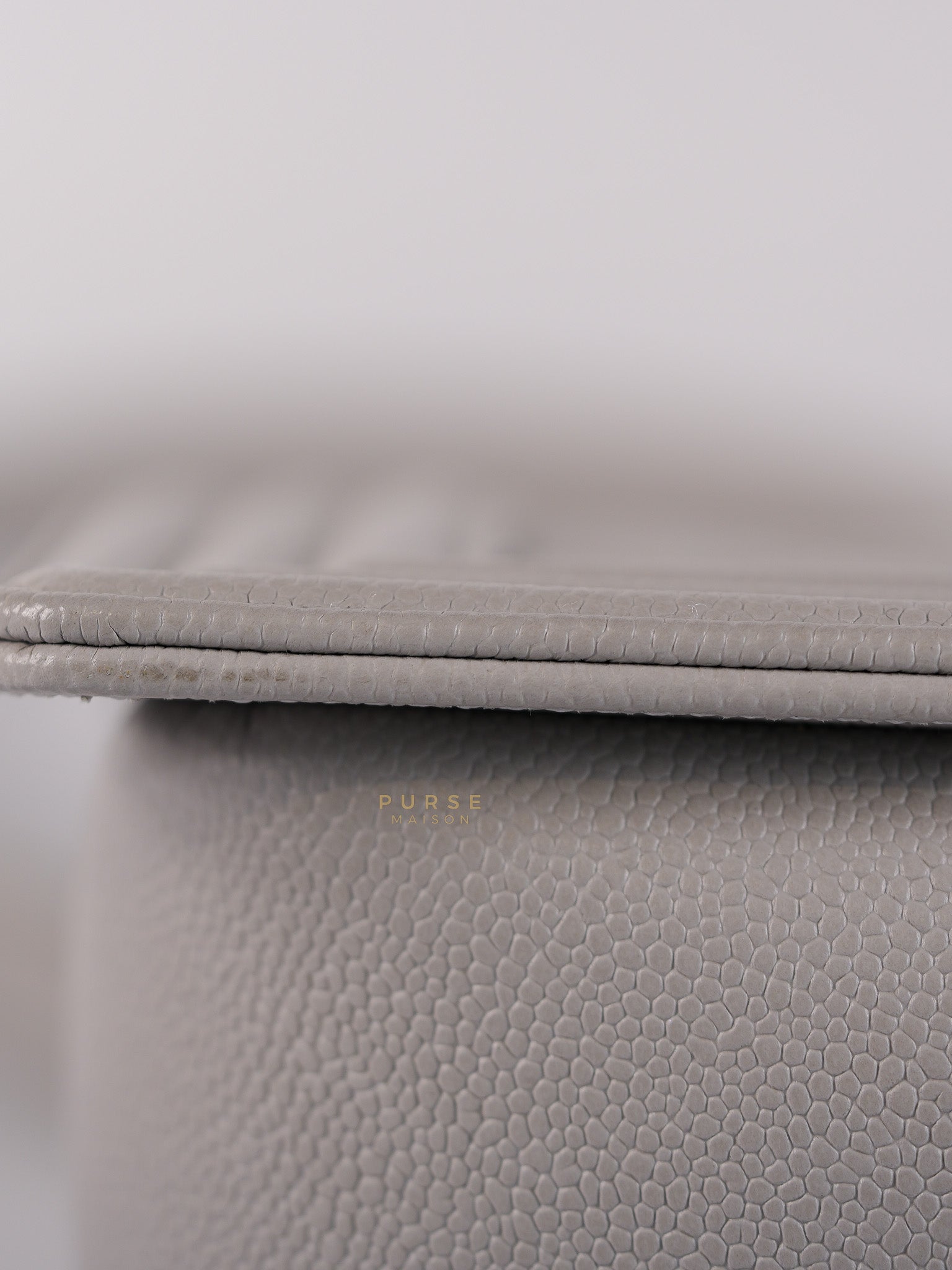 Boy Old Medium Light Gray Caviar Leather and Light Gold Hardware (Microchip) | Purse Maison Luxury Bags Shop