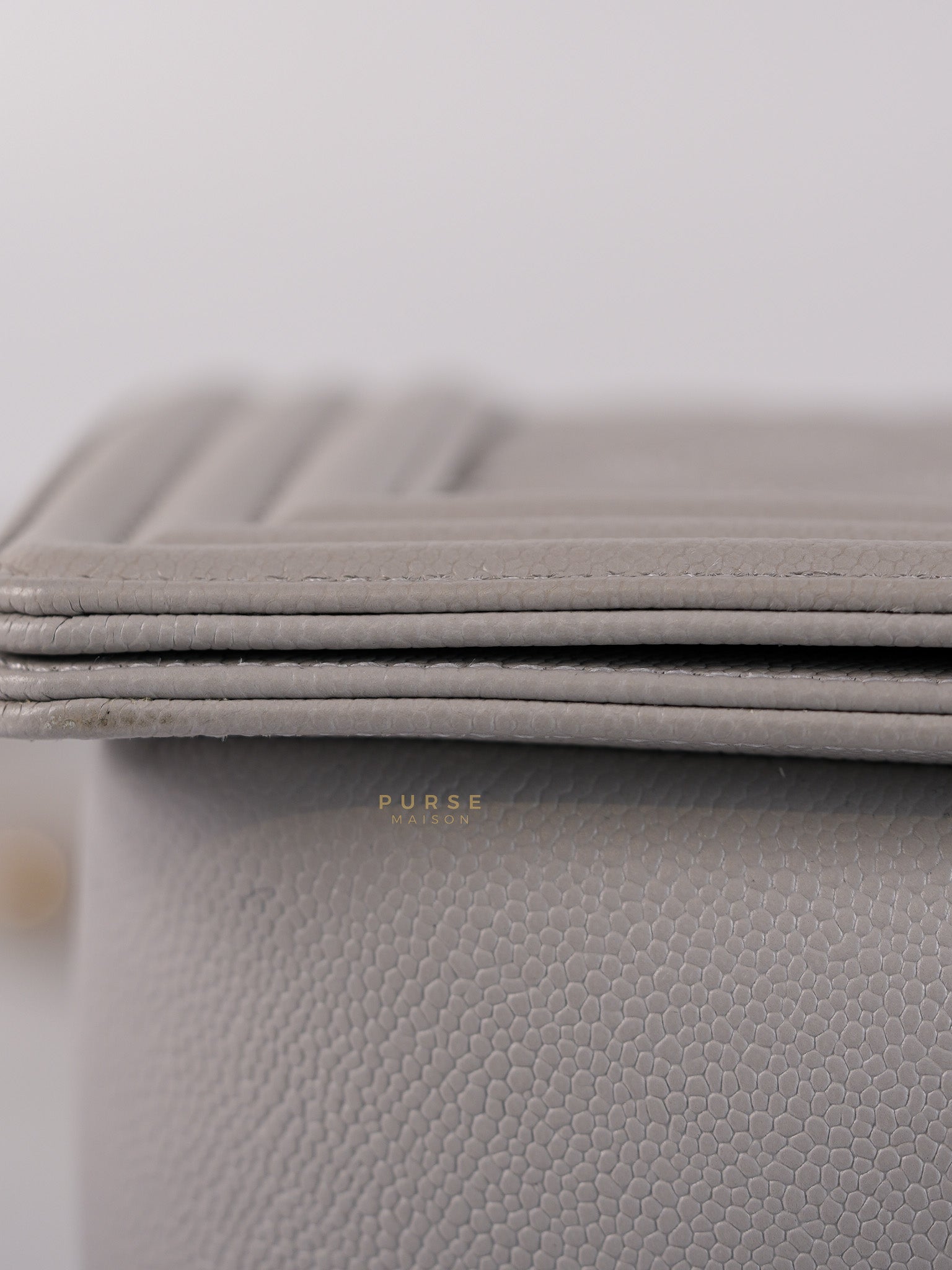 Boy Old Medium Light Gray Caviar Leather and Light Gold Hardware (Microchip) | Purse Maison Luxury Bags Shop
