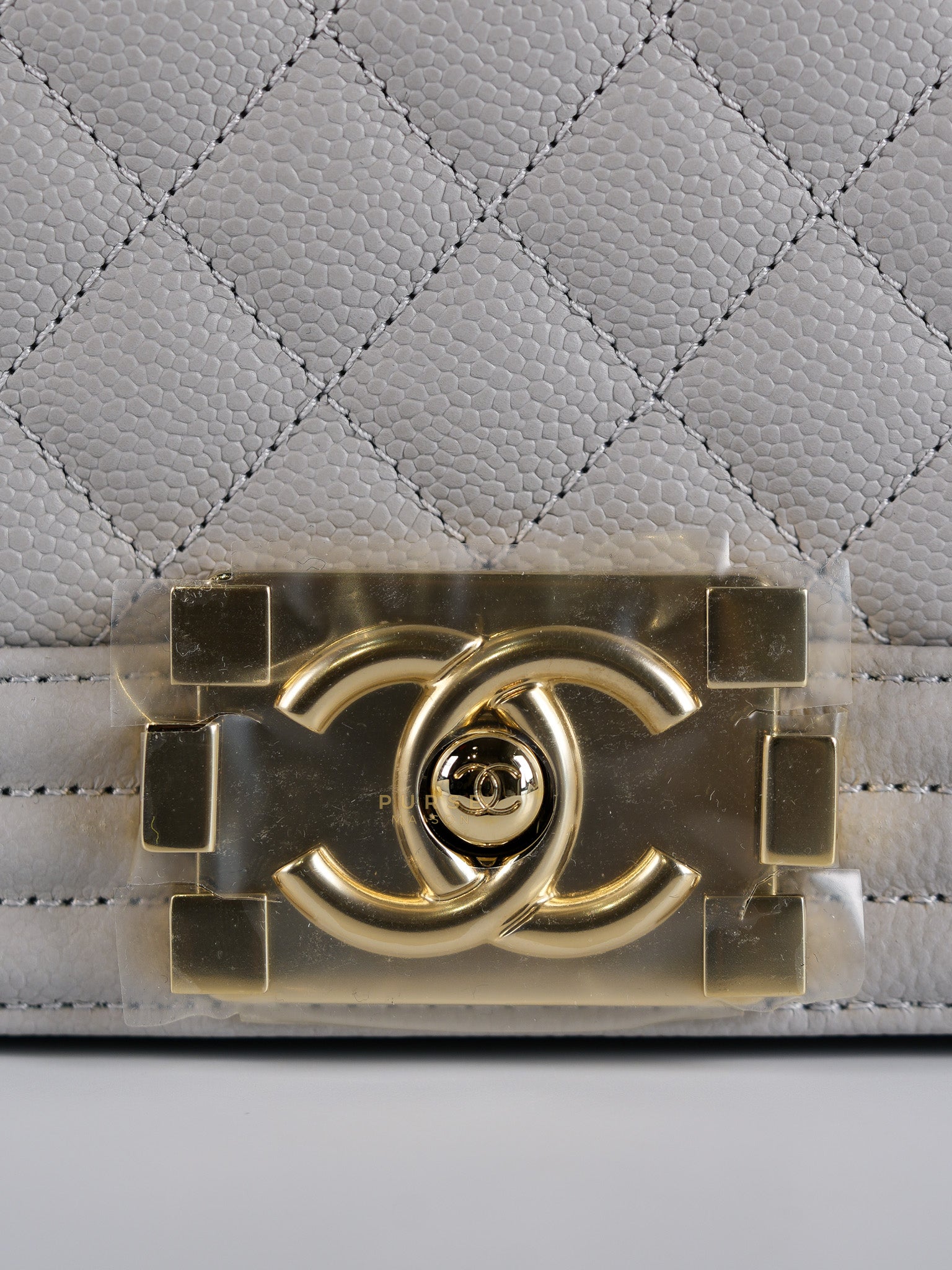 Boy Old Medium Light Gray Caviar Leather and Light Gold Hardware (Microchip) | Purse Maison Luxury Bags Shop