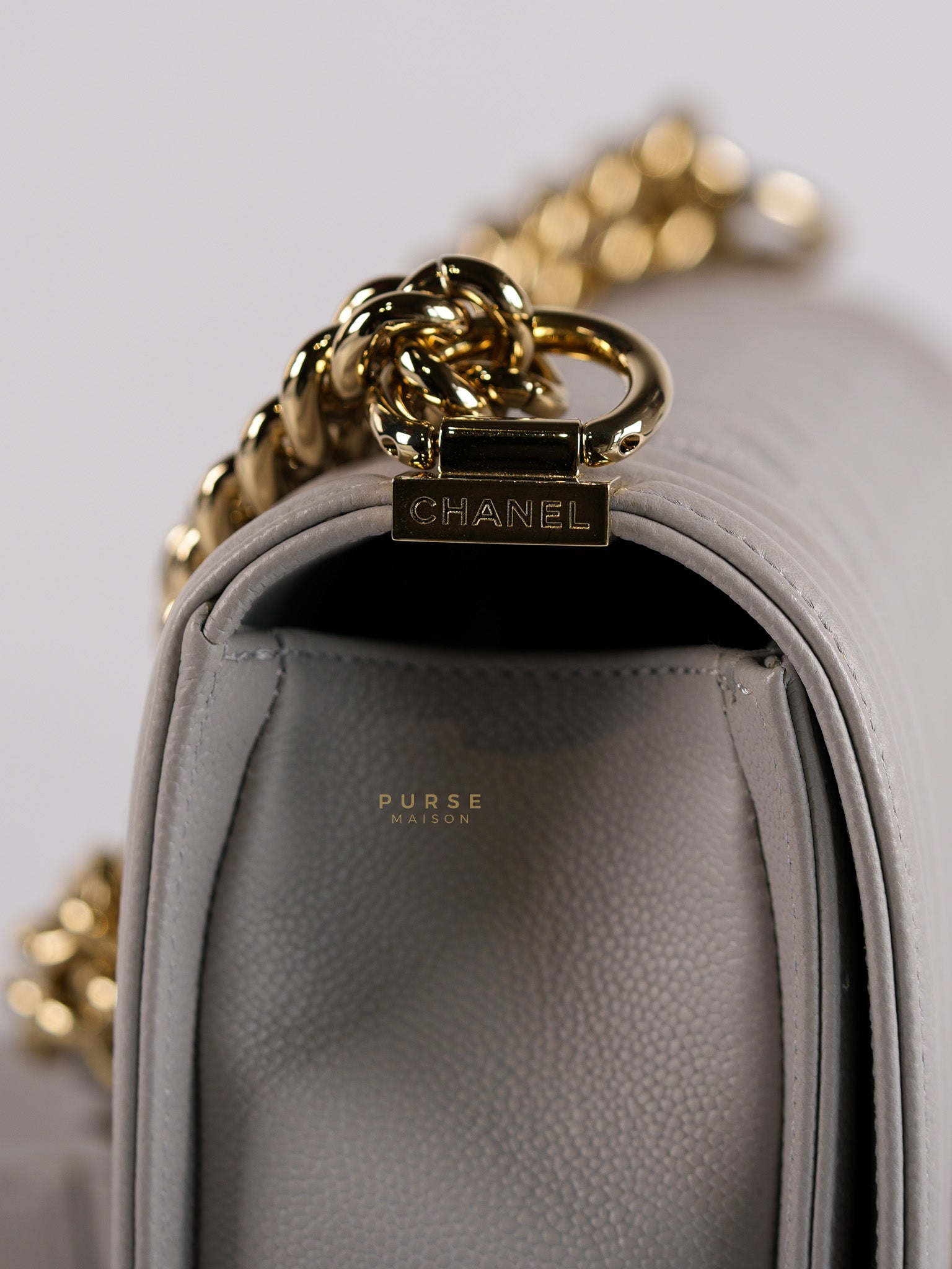 Boy Old Medium Light Gray Caviar Leather and Light Gold Hardware (Microchip) | Purse Maison Luxury Bags Shop