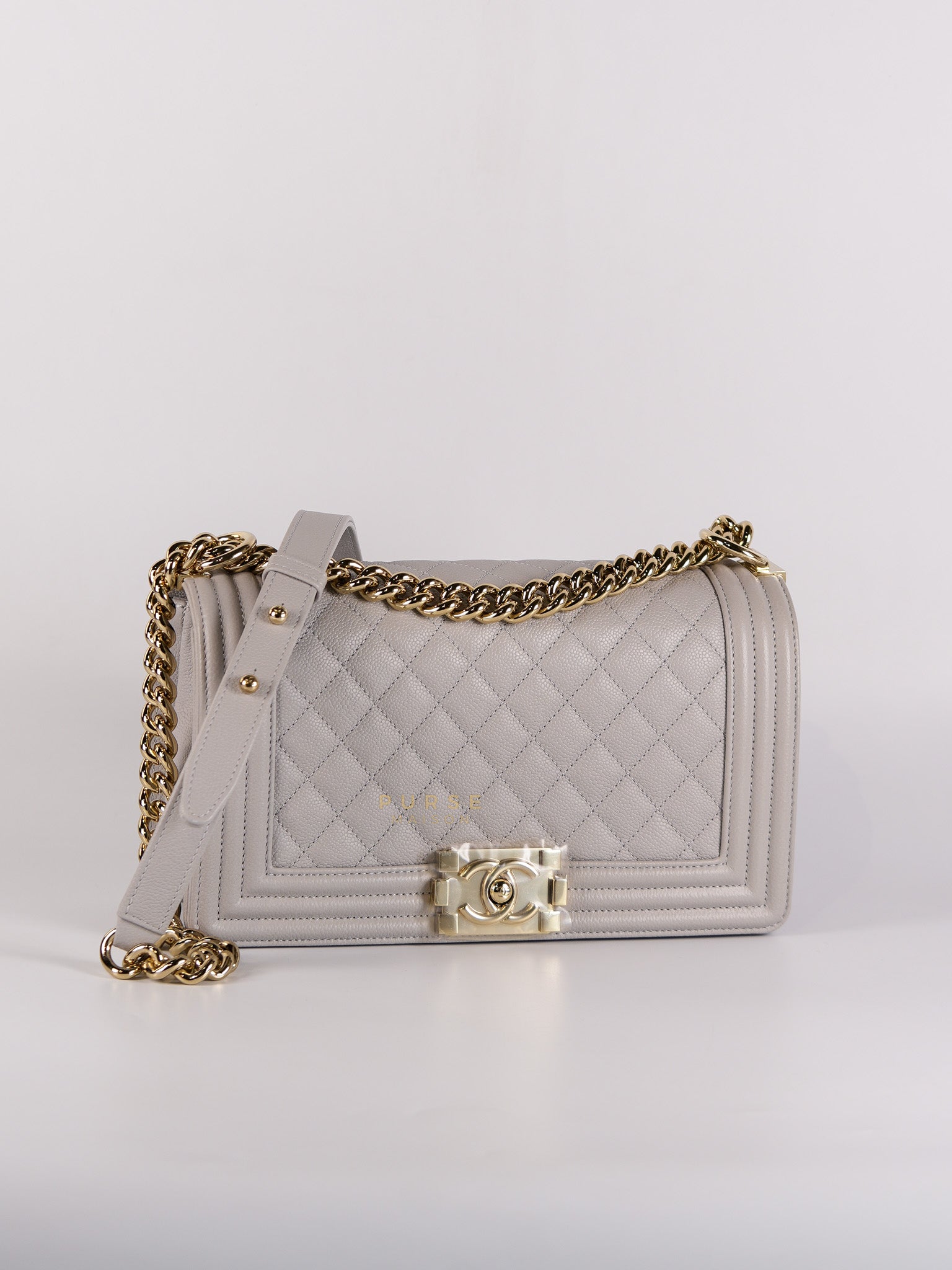 Boy Old Medium Light Gray Caviar Leather and Light Gold Hardware (Microchip) | Purse Maison Luxury Bags Shop