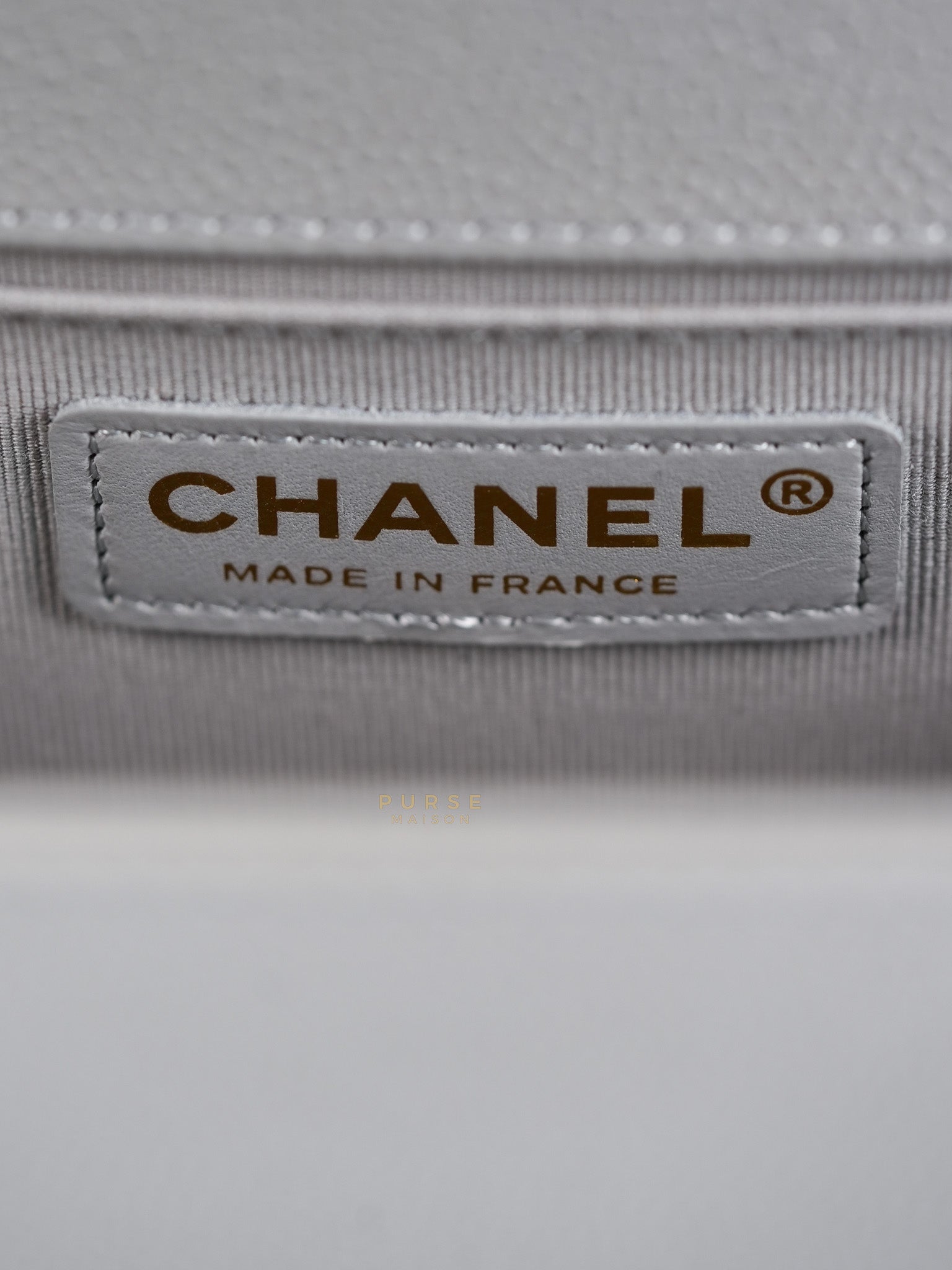 Boy Old Medium Light Gray Caviar Leather and Light Gold Hardware (Microchip) | Purse Maison Luxury Bags Shop