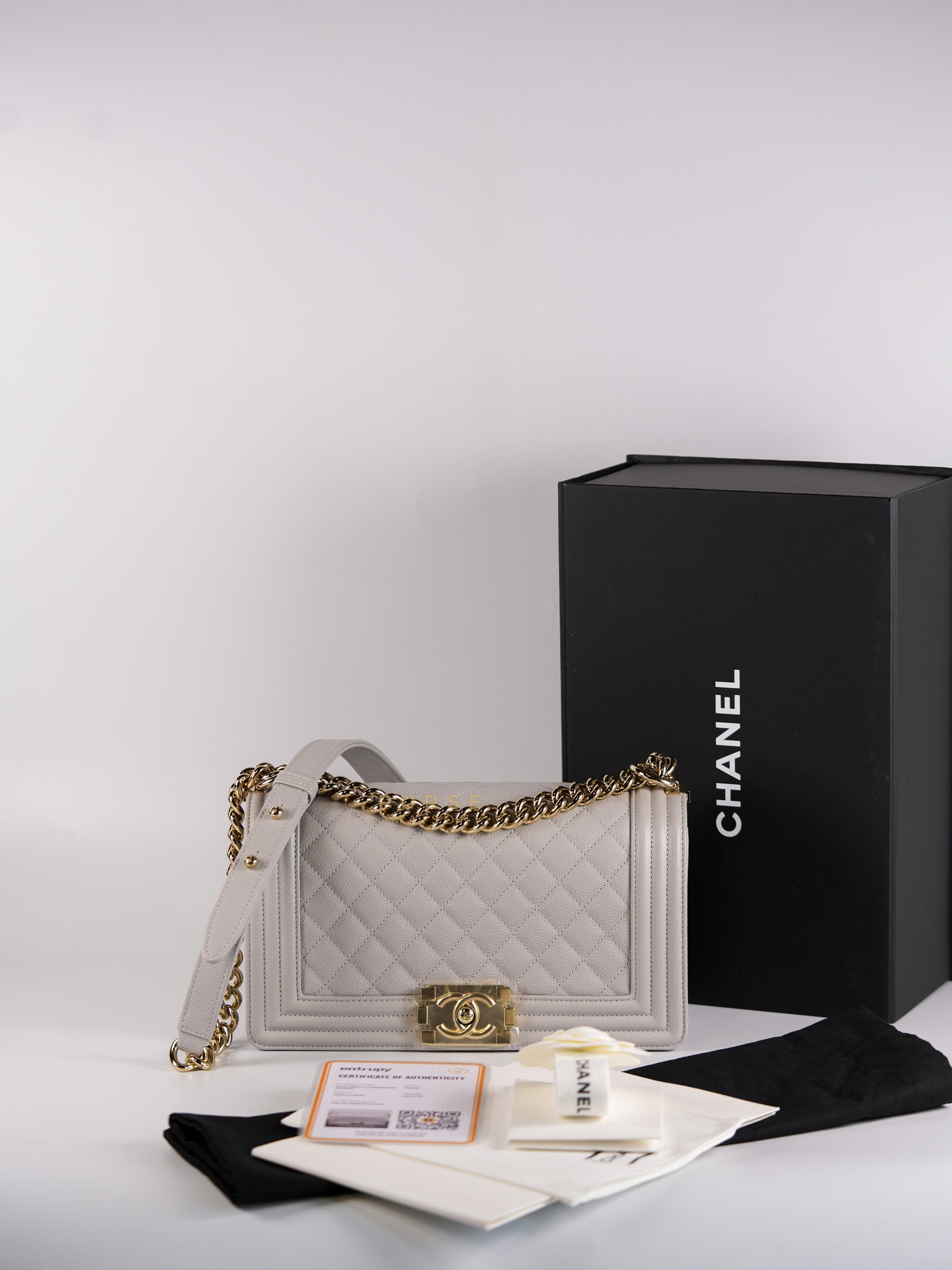 Boy Old Medium Light Gray Caviar Leather and Light Gold Hardware (Microchip) | Purse Maison Luxury Bags Shop