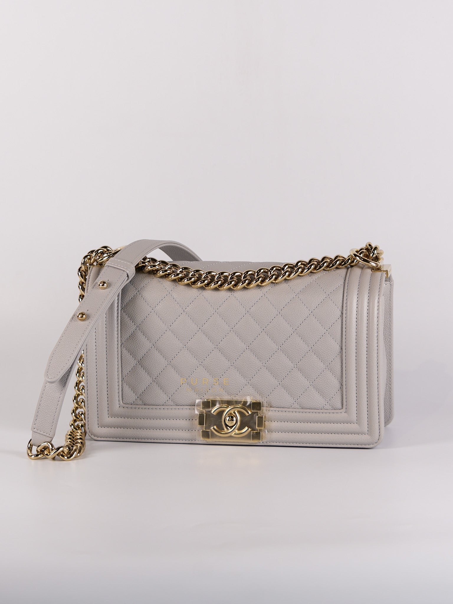 Boy Old Medium Light Gray Caviar Leather and Light Gold Hardware (Microchip) | Purse Maison Luxury Bags Shop
