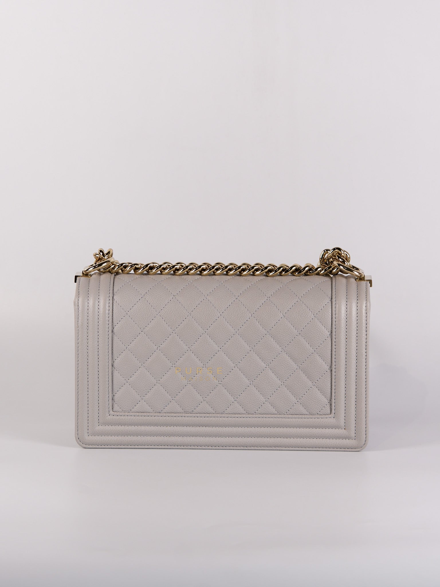 Boy Old Medium Light Gray Caviar Leather and Light Gold Hardware (Microchip) | Purse Maison Luxury Bags Shop