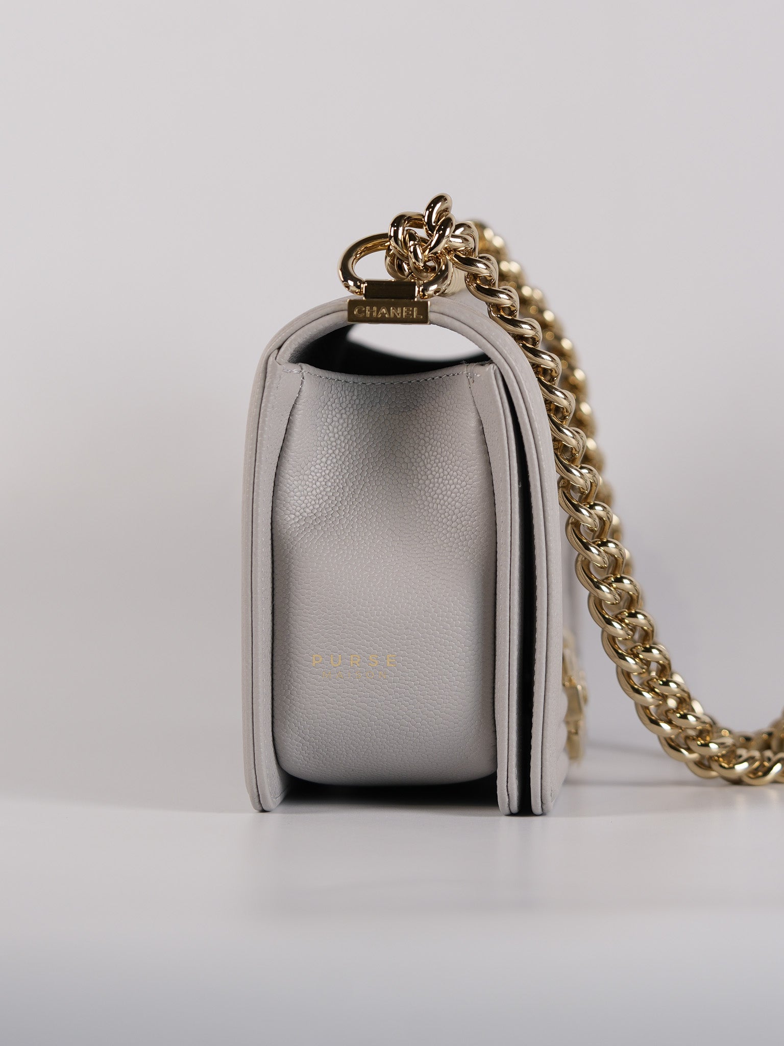 Boy Old Medium Light Gray Caviar Leather and Light Gold Hardware (Microchip) | Purse Maison Luxury Bags Shop