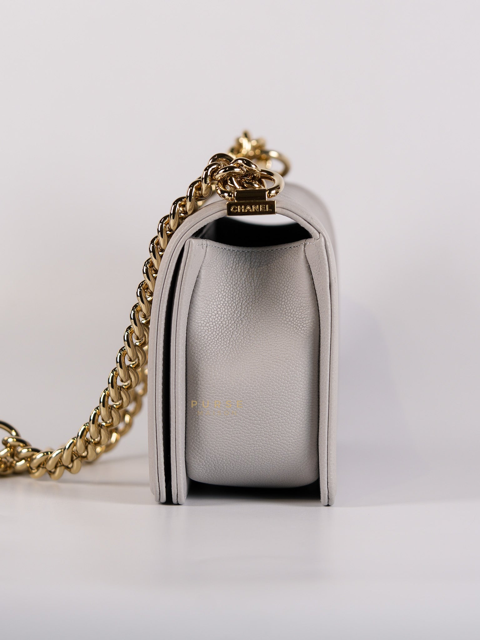 Boy Old Medium Light Gray Caviar Leather and Light Gold Hardware (Microchip) | Purse Maison Luxury Bags Shop