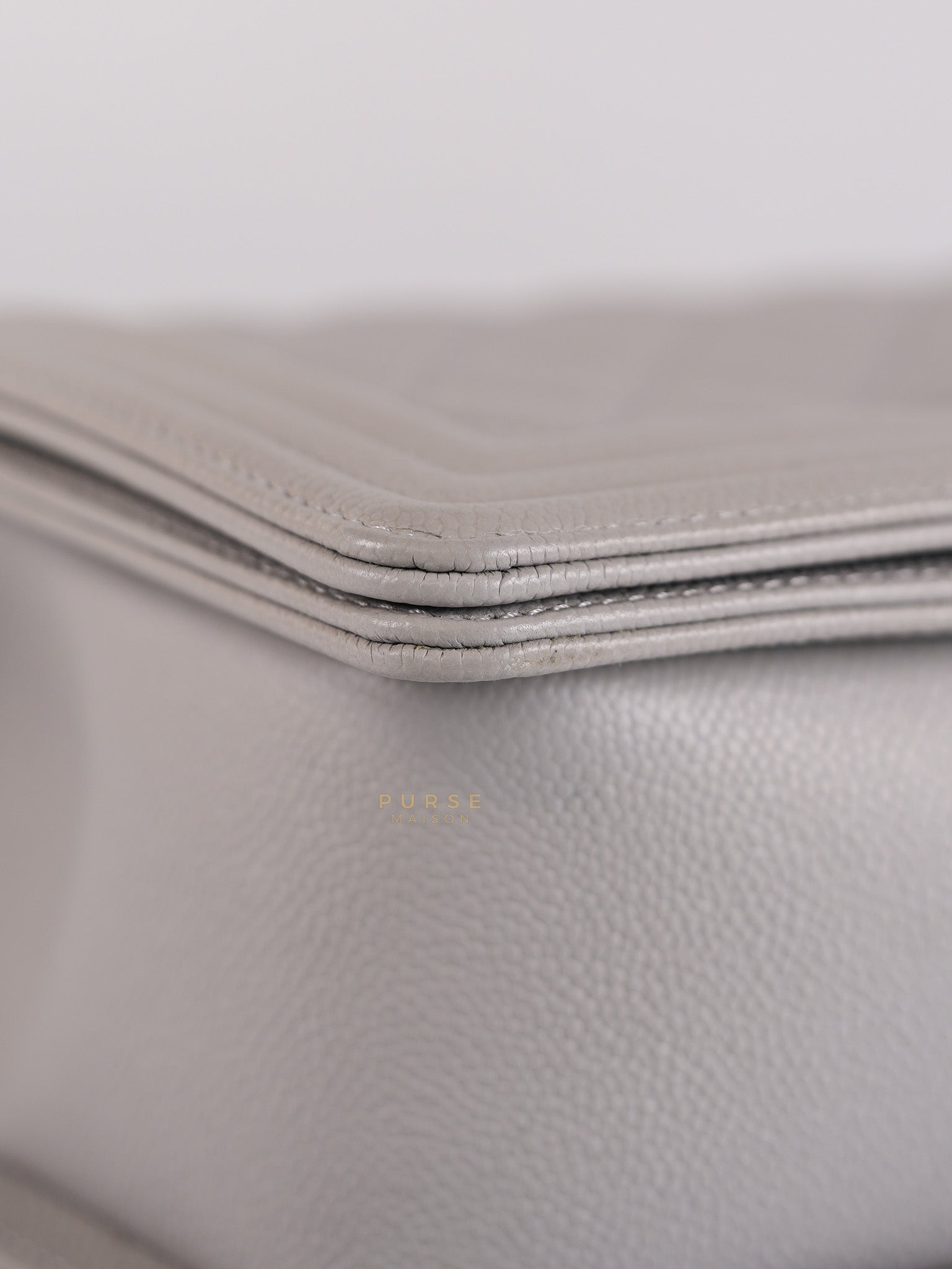 Boy Old Medium Light Gray Caviar Leather and Light Gold Hardware (Microchip) | Purse Maison Luxury Bags Shop