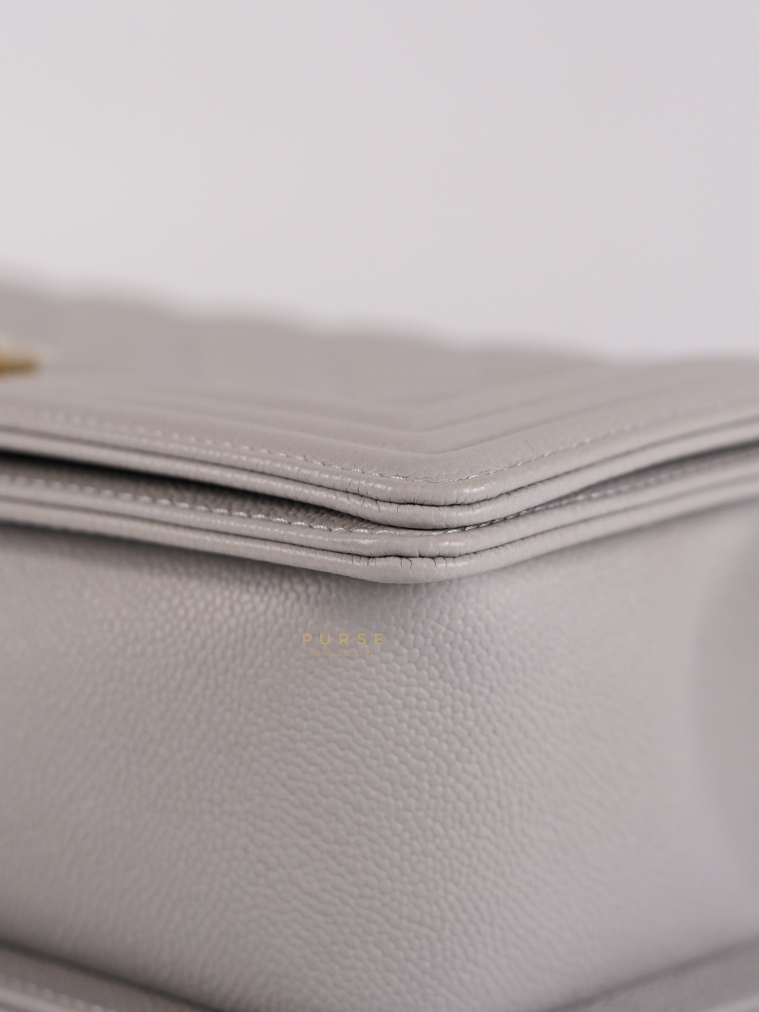 Boy Old Medium Light Gray Caviar Leather and Light Gold Hardware (Microchip) | Purse Maison Luxury Bags Shop