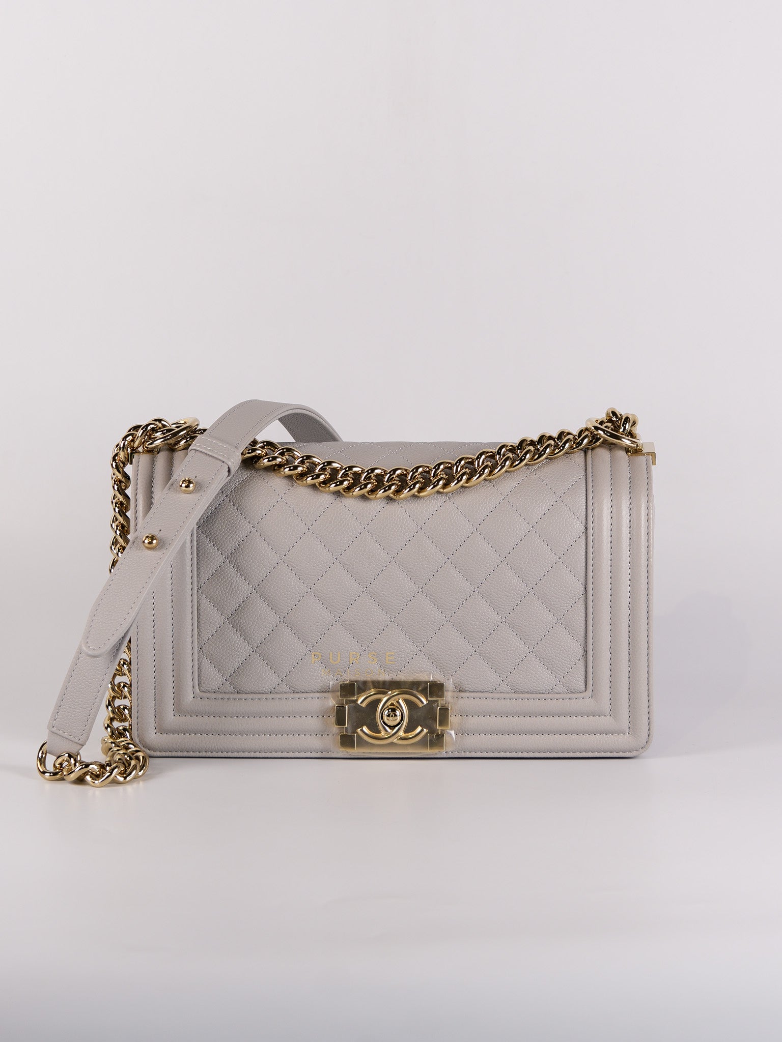Boy Old Medium Light Gray Caviar Leather and Light Gold Hardware (Microchip) | Purse Maison Luxury Bags Shop