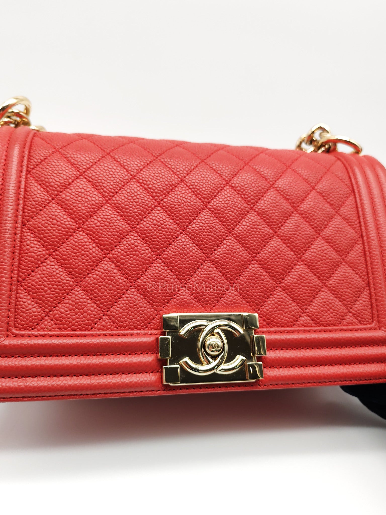 Boy Old Medium Red Quilted Caviar Leather and Champagne Hardware Series 28 | Purse Maison Luxury Bags Shop