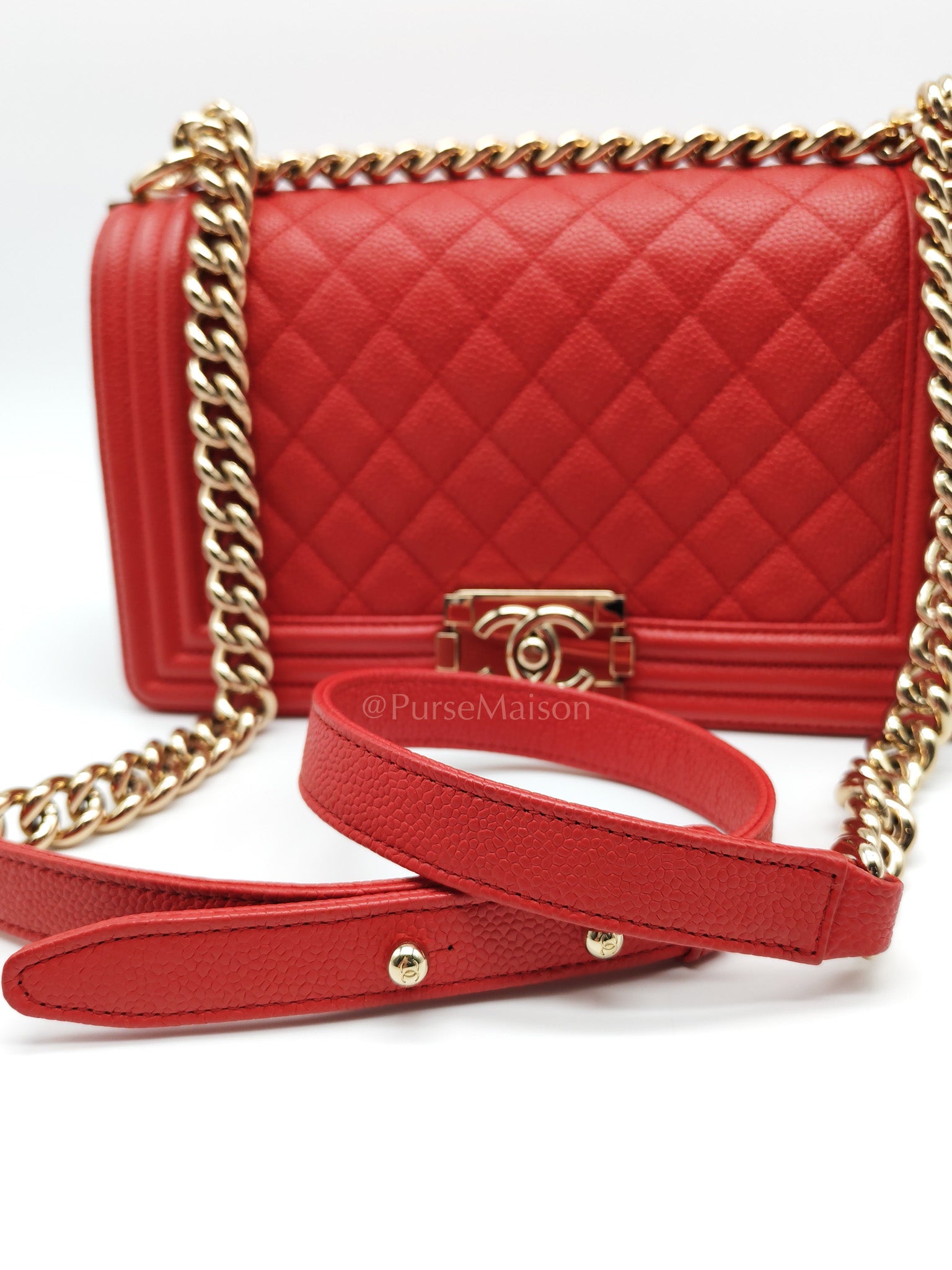 Boy Old Medium Red Quilted Caviar Leather and Champagne Hardware Series 28 | Purse Maison Luxury Bags Shop