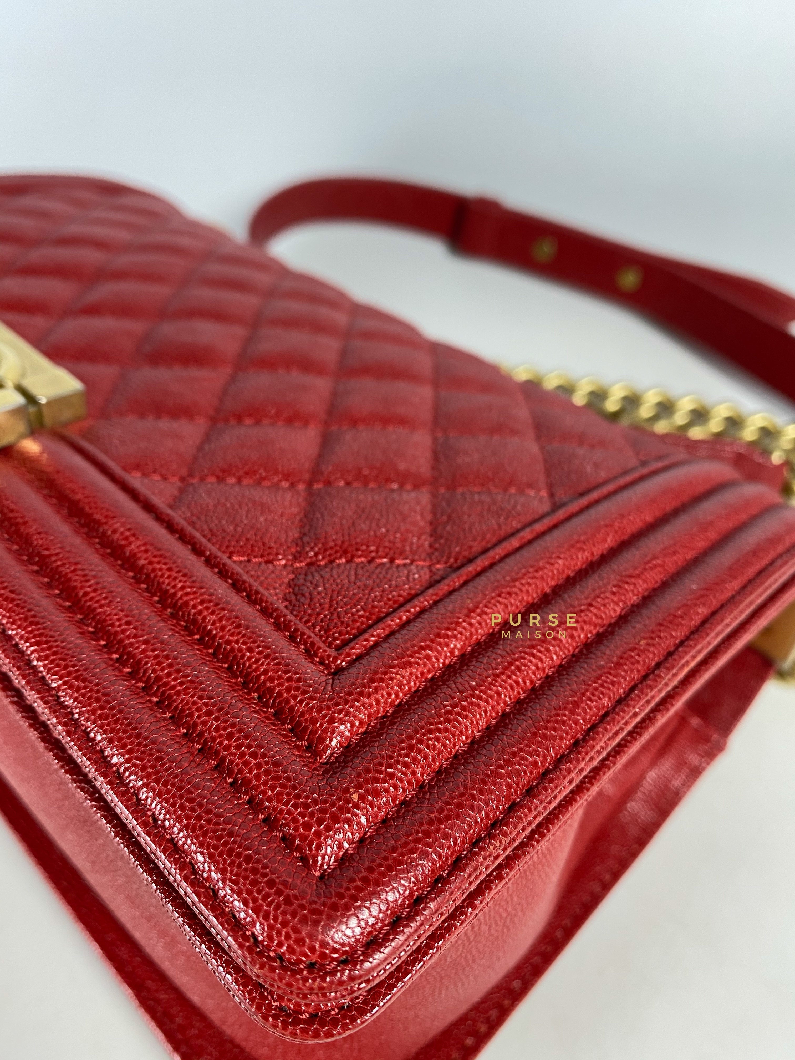 Chanel Boy Red Old Medium in Quilted Caviar and Aged Gold Hardware Series 26 | Purse Maison Luxury Bags Shop