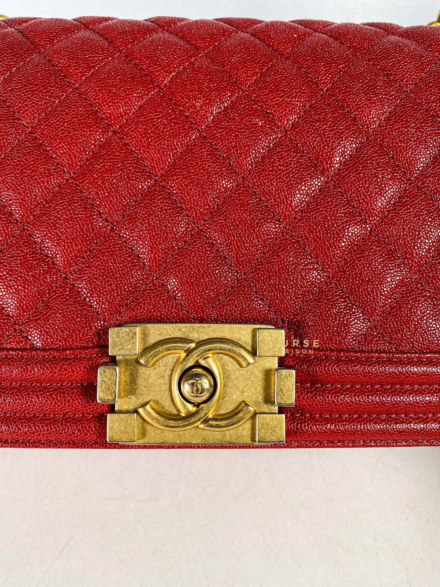 Chanel Boy Red Old Medium in Quilted Caviar and Aged Gold Hardware Series 26 | Purse Maison Luxury Bags Shop