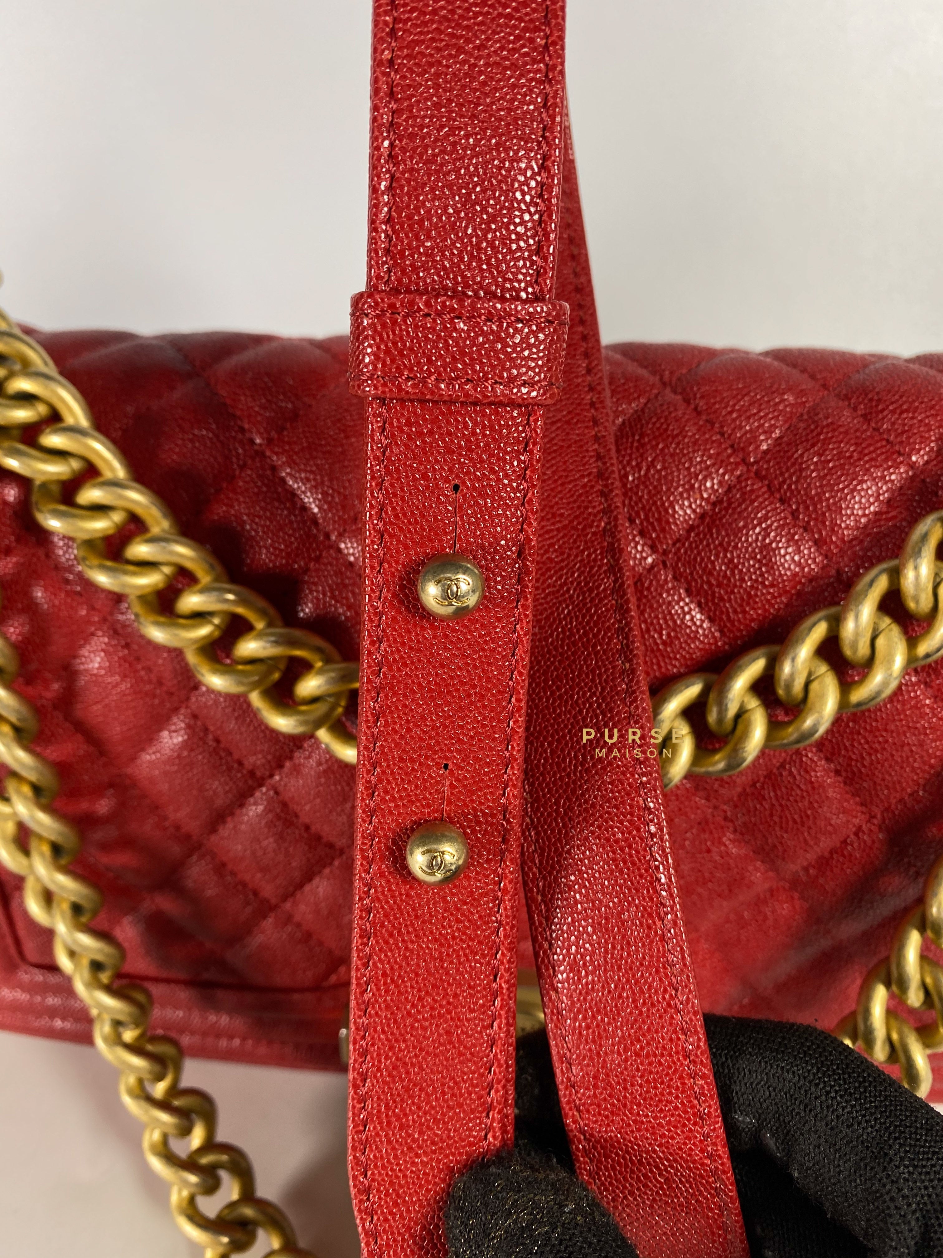 Chanel Boy Red Old Medium in Quilted Caviar and Aged Gold Hardware Series 26 | Purse Maison Luxury Bags Shop