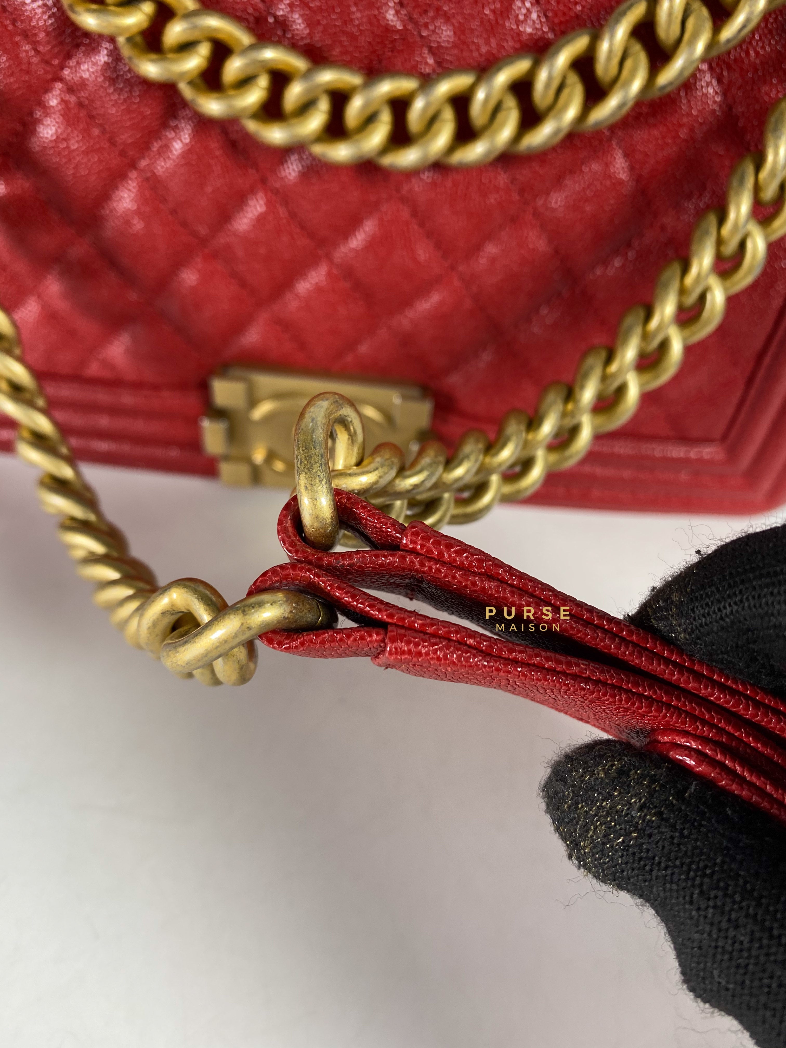 Chanel Boy Red Old Medium in Quilted Caviar and Aged Gold Hardware Series 26 | Purse Maison Luxury Bags Shop