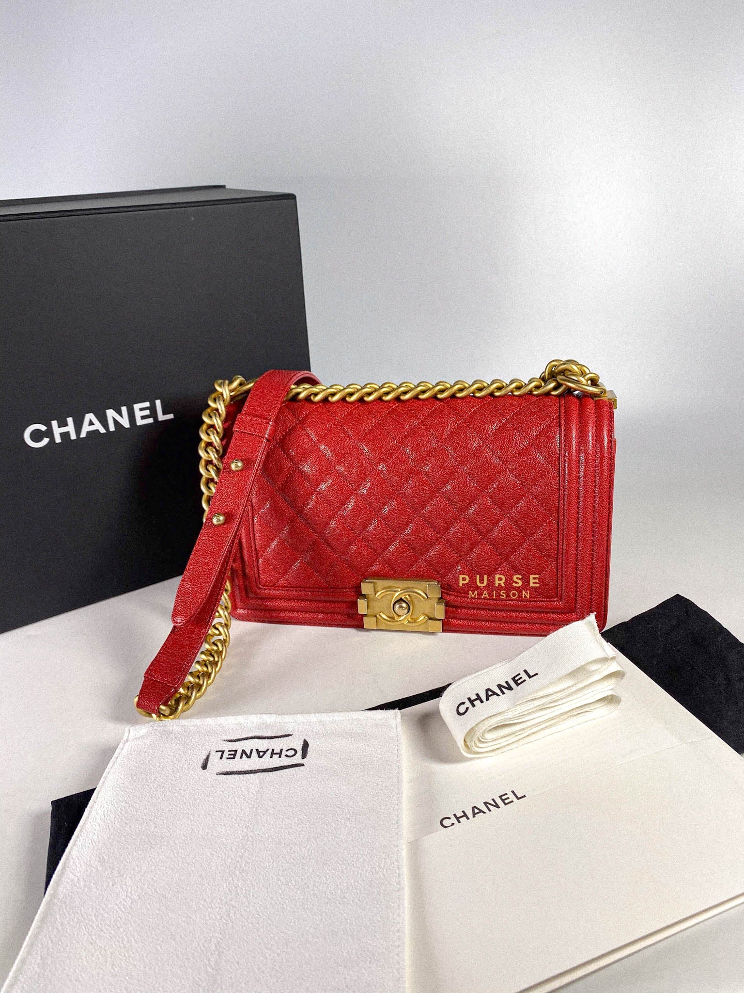 Chanel Boy Red Old Medium in Quilted Caviar and Aged Gold Hardware Series 26 | Purse Maison Luxury Bags Shop