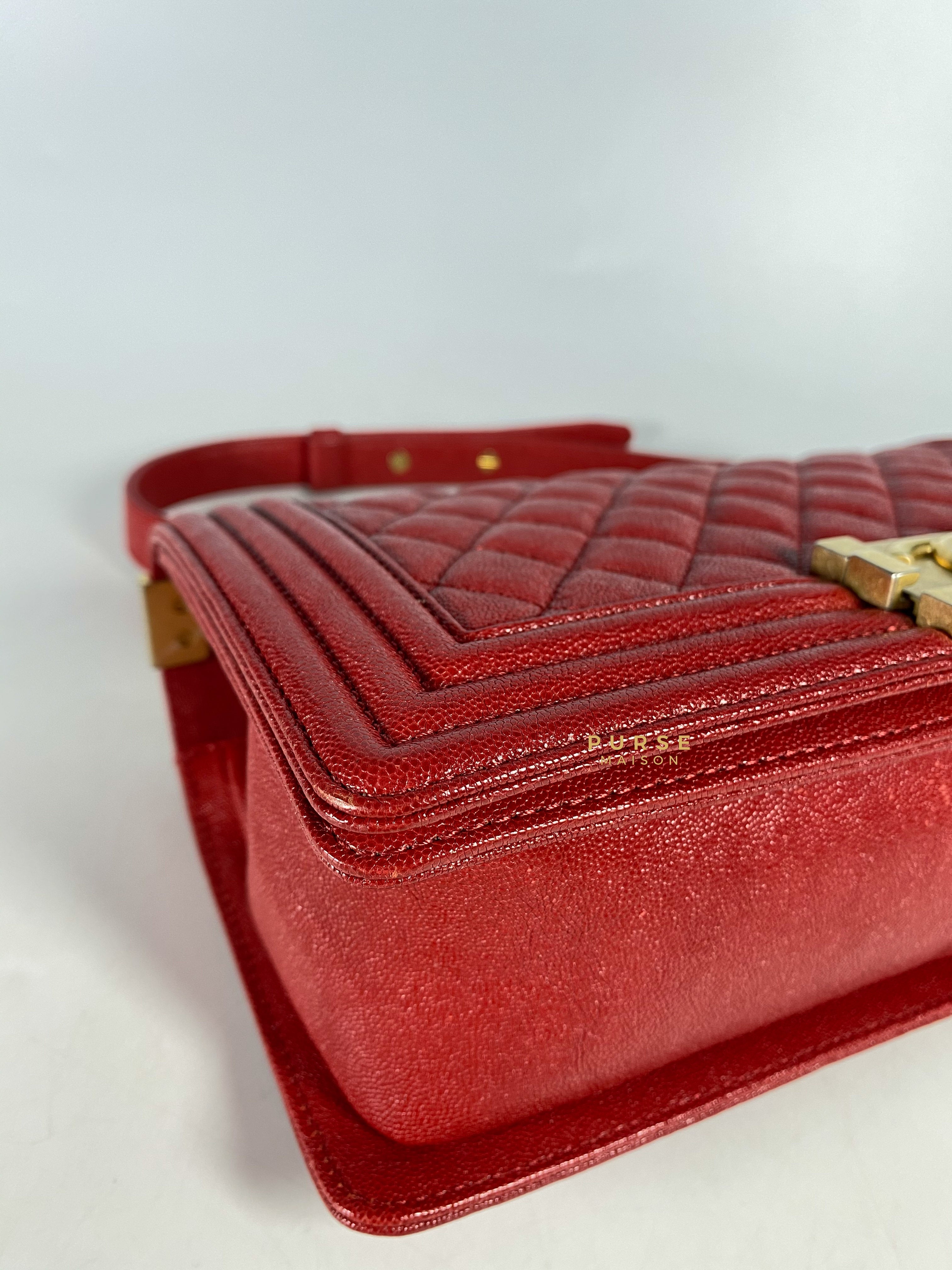 Chanel Boy Red Old Medium in Quilted Caviar and Aged Gold Hardware Series 26 | Purse Maison Luxury Bags Shop