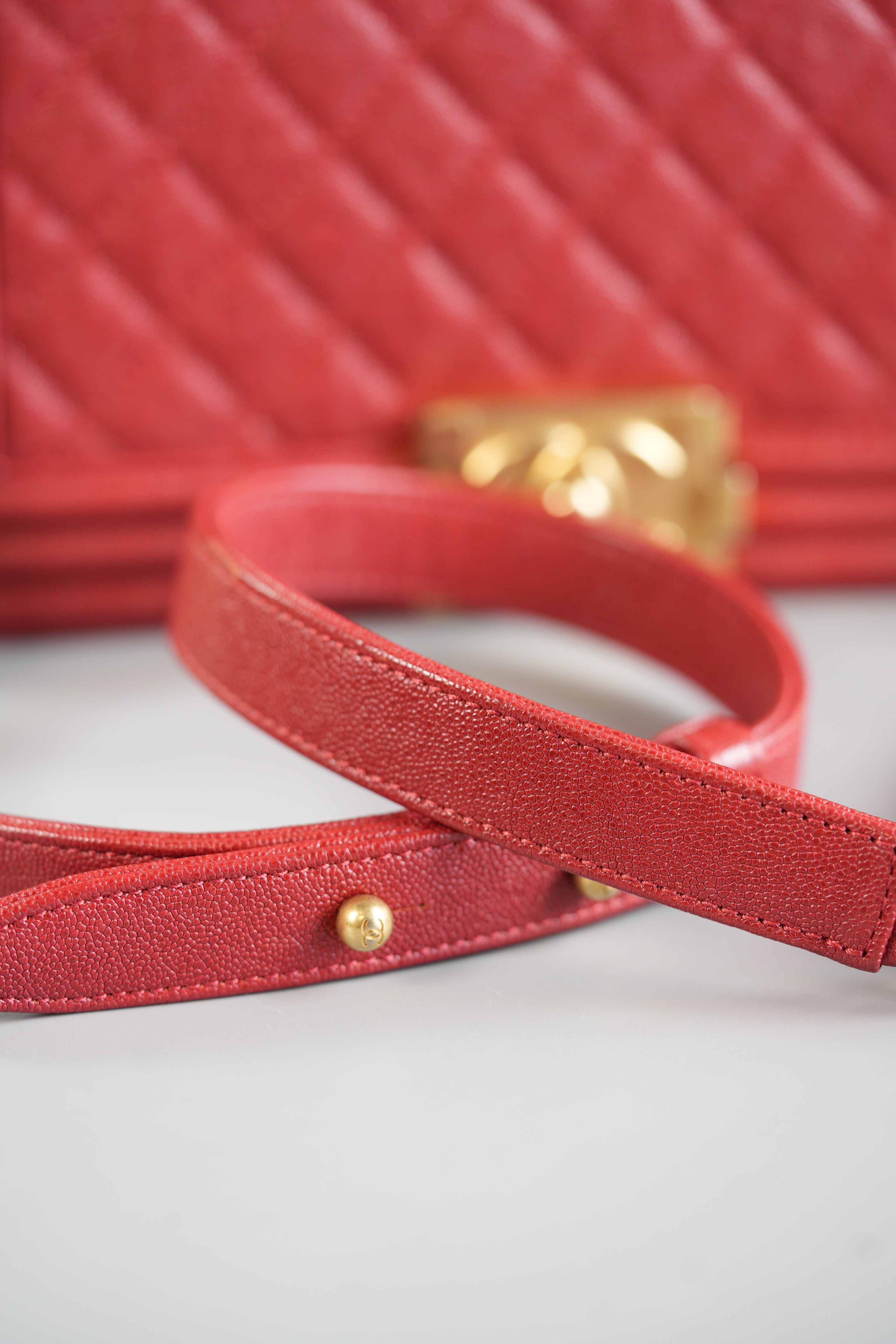 Boy Red Old Medium in Quilted Caviar and Aged Gold Hardware Series 28 | Purse Maison Luxury Bags Shop