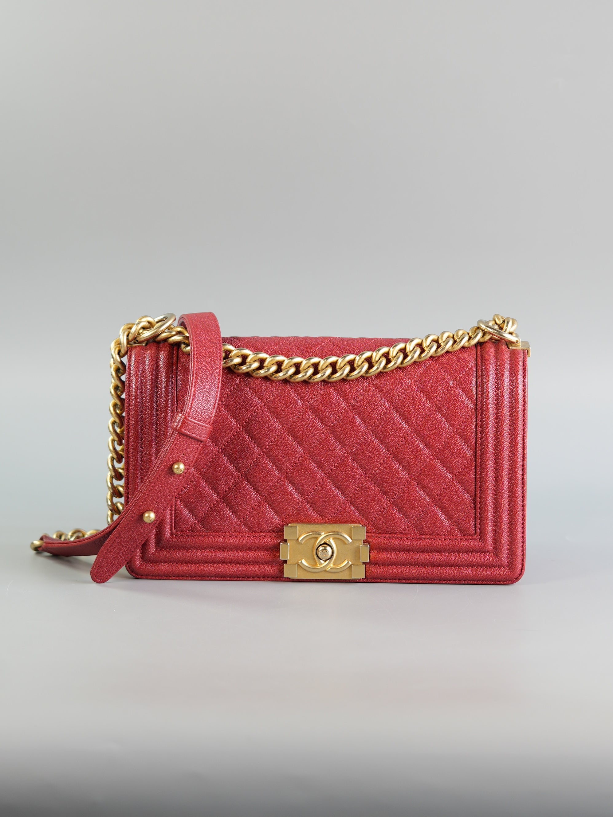 Boy Red Old Medium in Quilted Caviar and Aged Gold Hardware Series 28 | Purse Maison Luxury Bags Shop