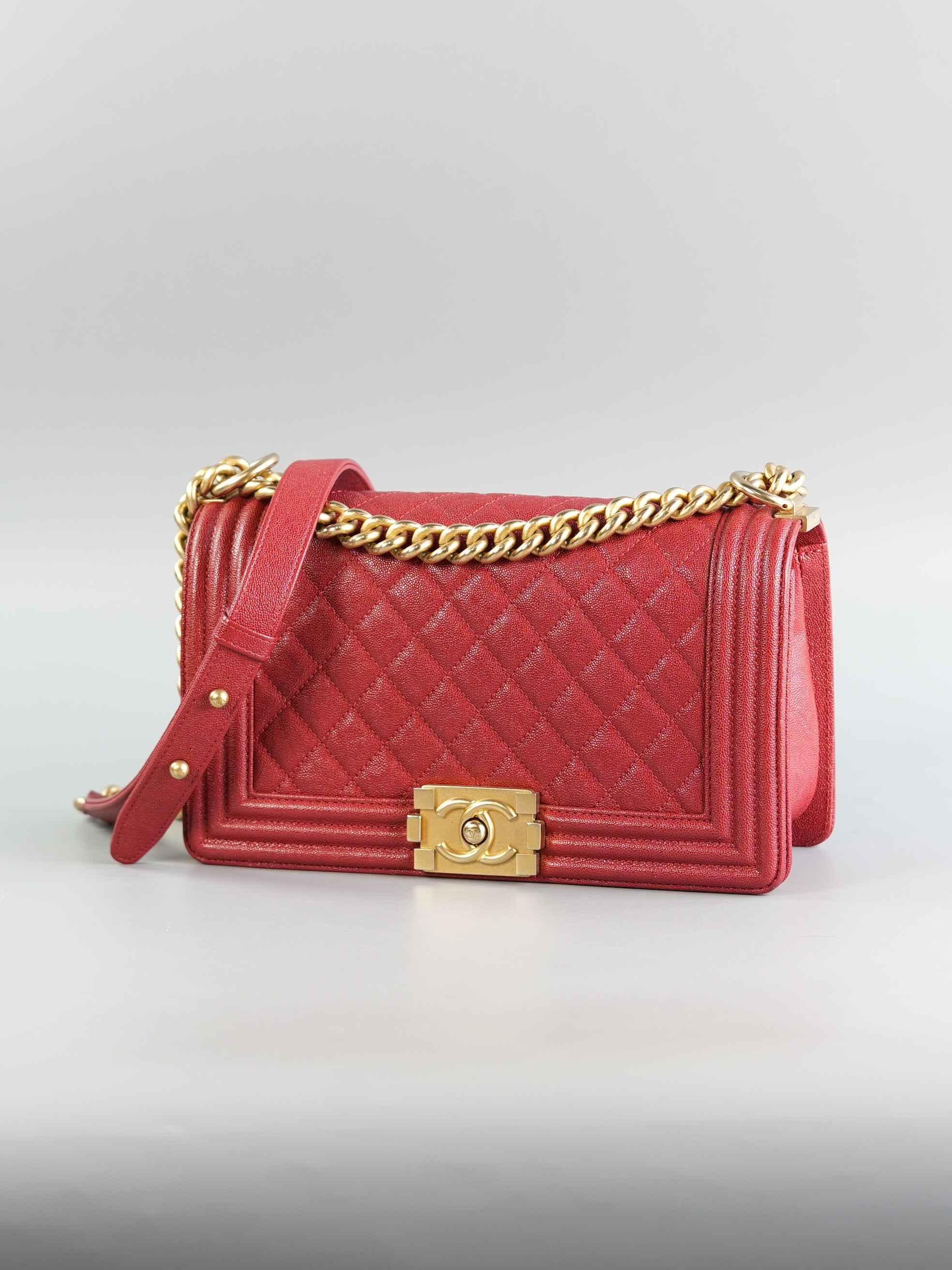 Boy Red Old Medium in Quilted Caviar and Aged Gold Hardware Series 28 | Purse Maison Luxury Bags Shop