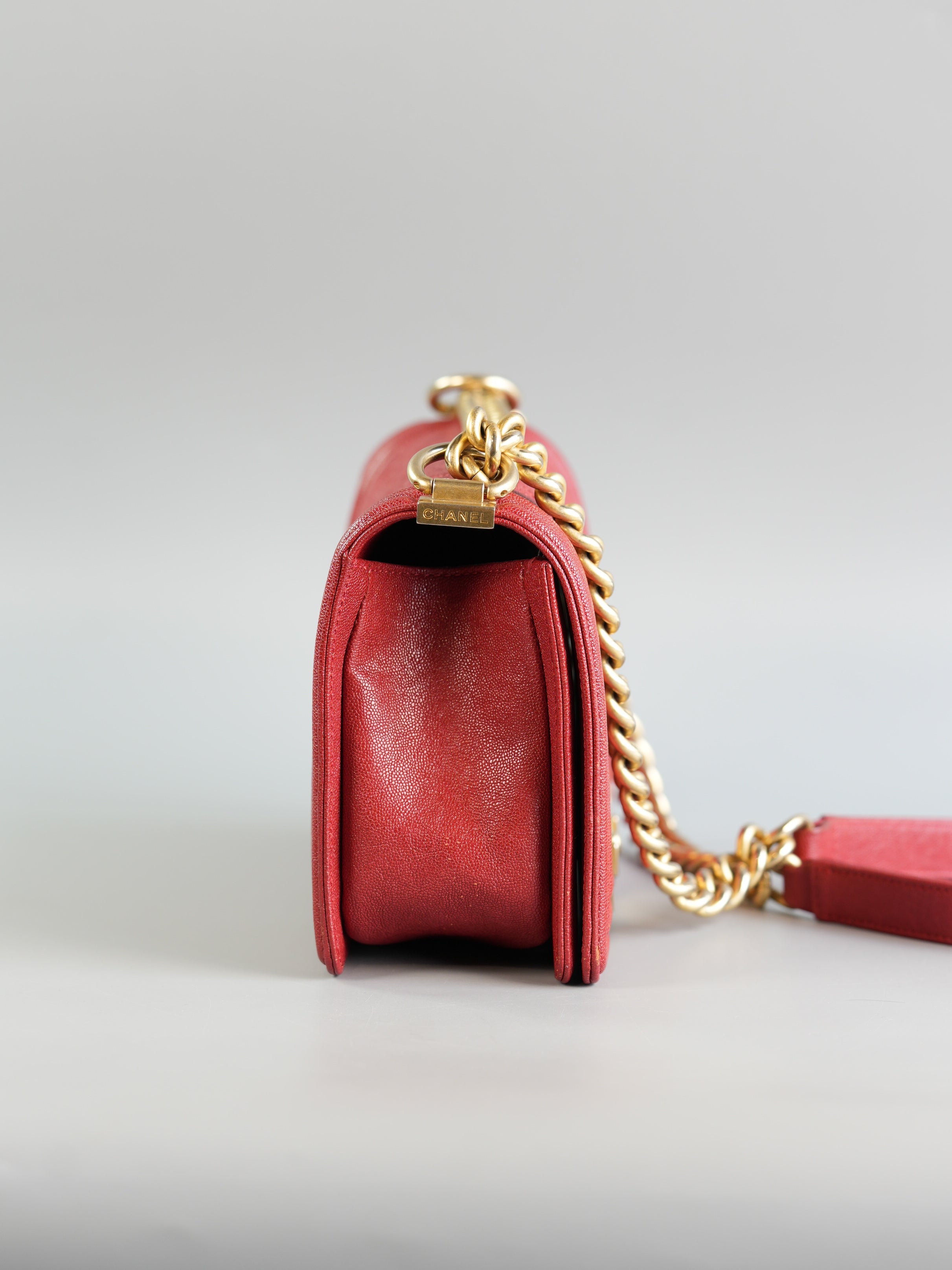 Boy Red Old Medium in Quilted Caviar and Aged Gold Hardware Series 28 | Purse Maison Luxury Bags Shop