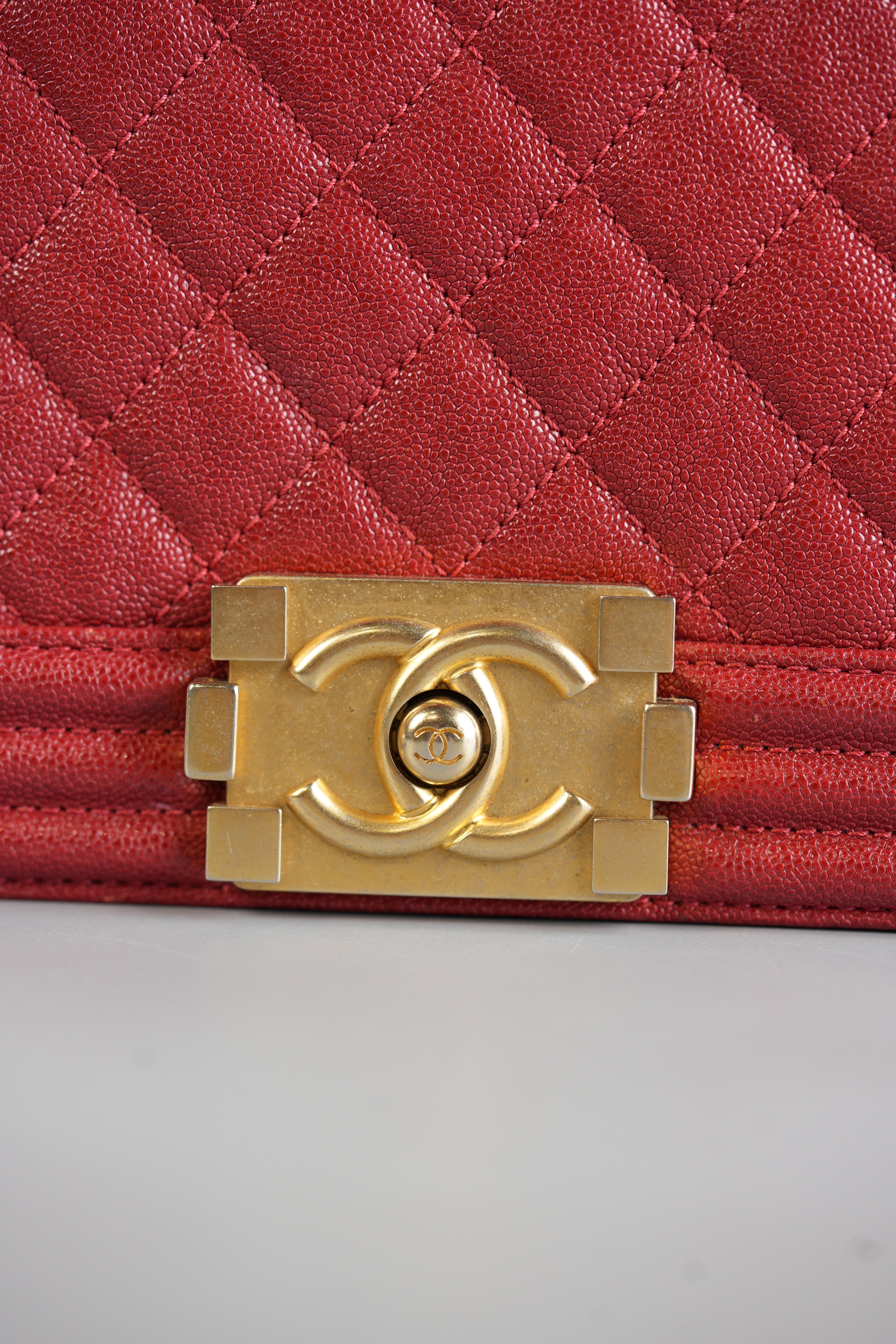 Boy Red Old Medium in Quilted Caviar and Aged Gold Hardware Series 28 | Purse Maison Luxury Bags Shop