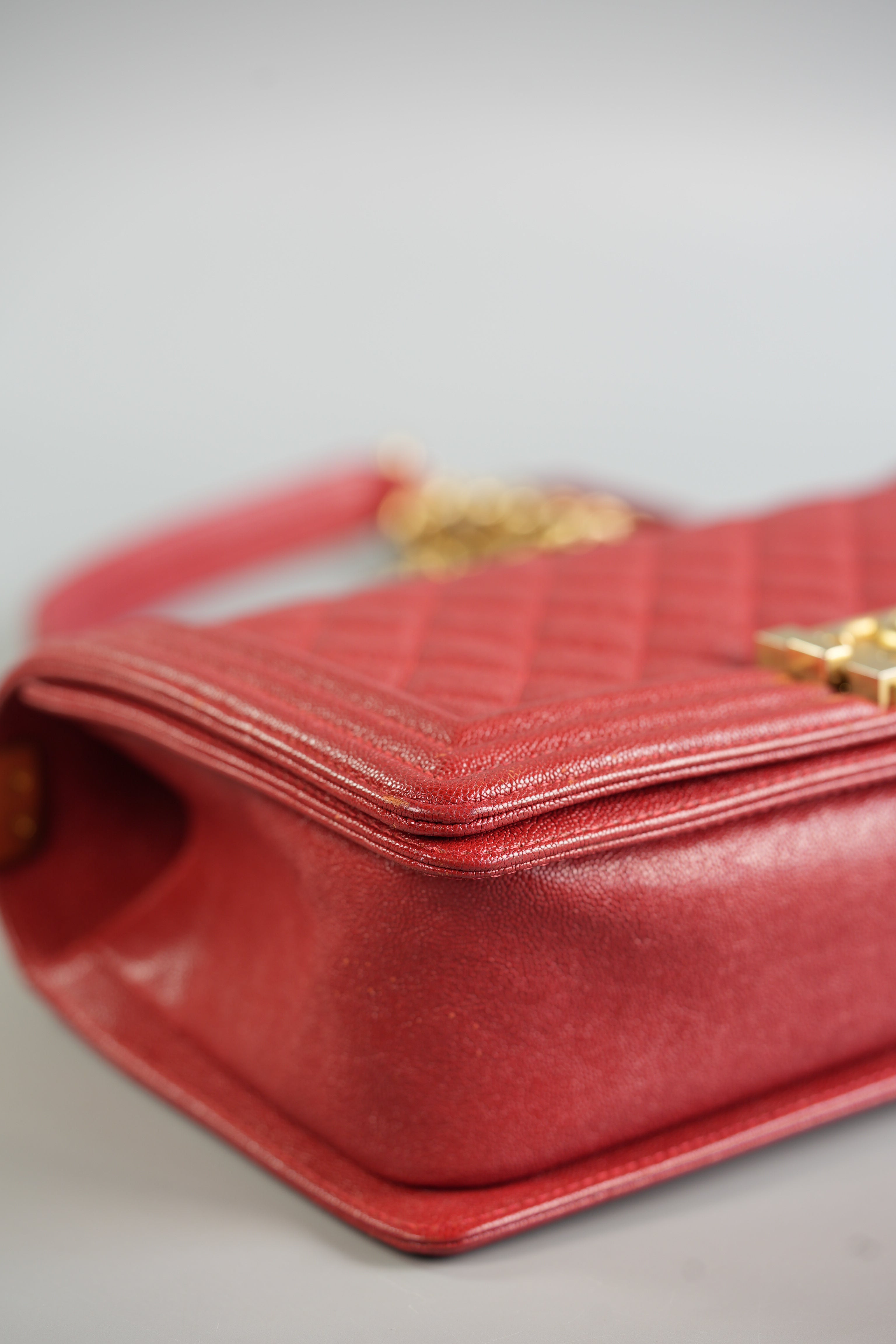 Boy Red Old Medium in Quilted Caviar and Aged Gold Hardware Series 28 | Purse Maison Luxury Bags Shop