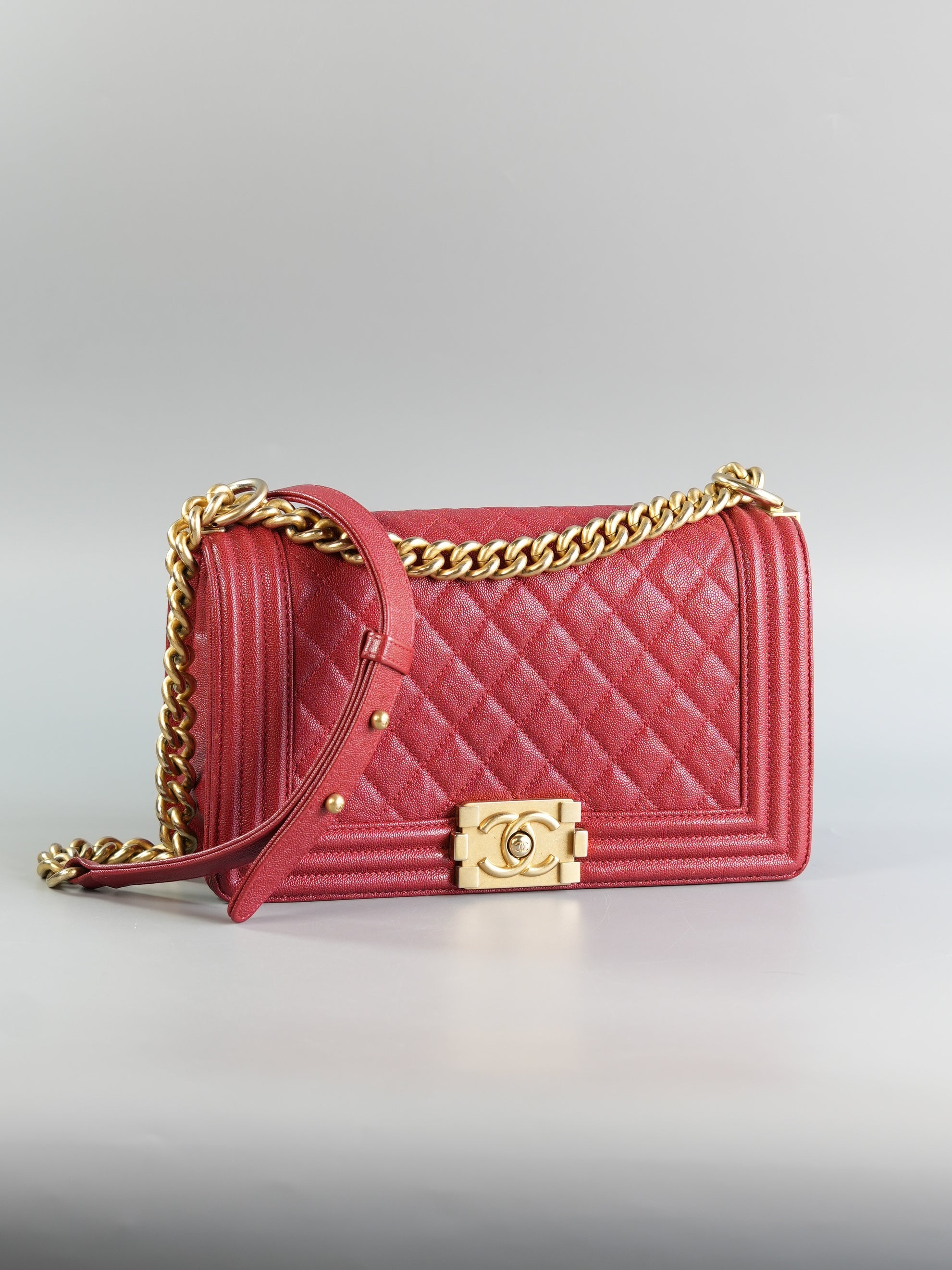 Boy Red Old Medium in Quilted Caviar and Aged Gold Hardware Series 28 | Purse Maison Luxury Bags Shop