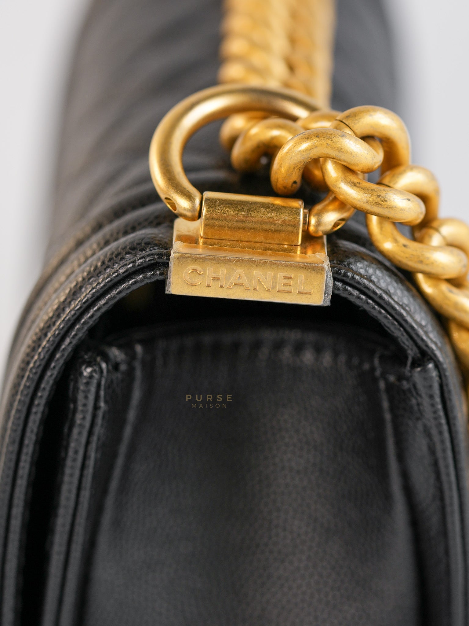 Boy Small Black Caviar Leather and Aged Gold Hardware (Microchip) | Purse Maison Luxury Bags Shop